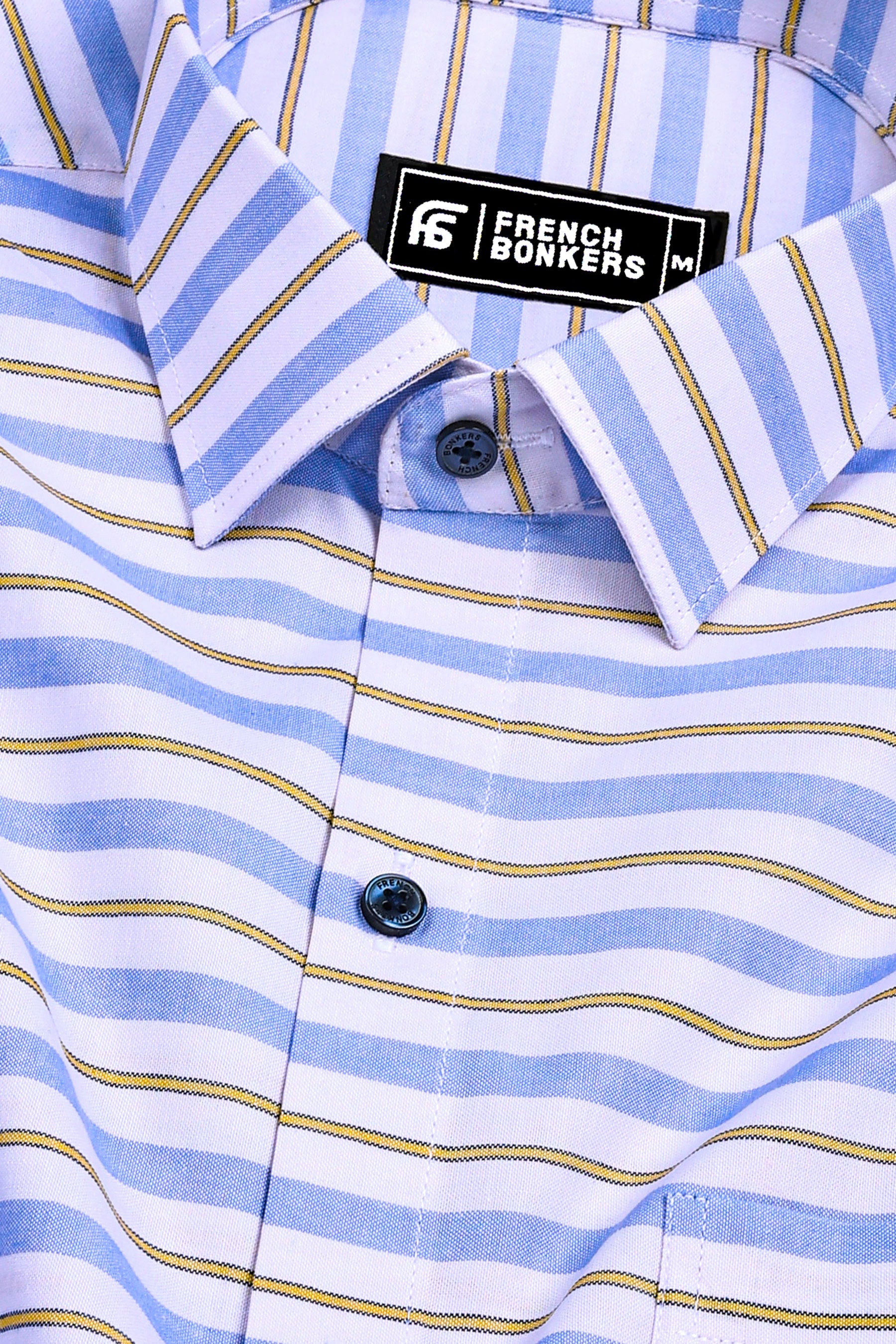 White With Blue And Yellow Weft Stripe Shirt