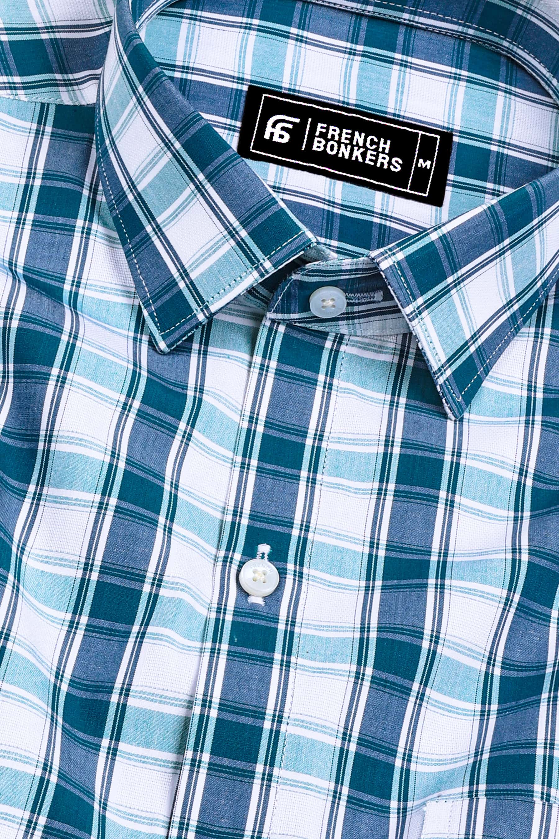 Teal Blue with White Check Cotton Shirt