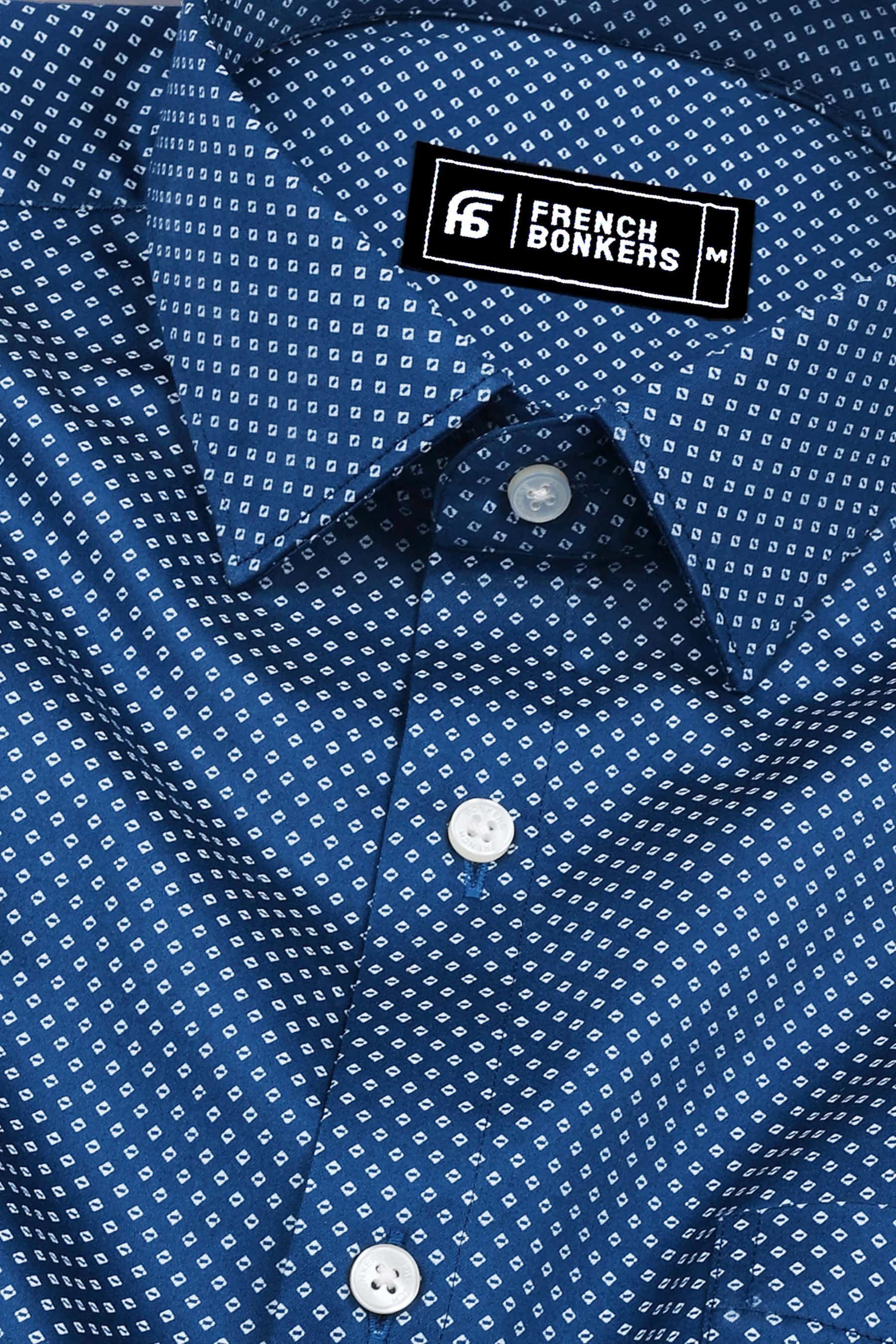 Indigo Blue With White Printed Satin Cotton Shirt