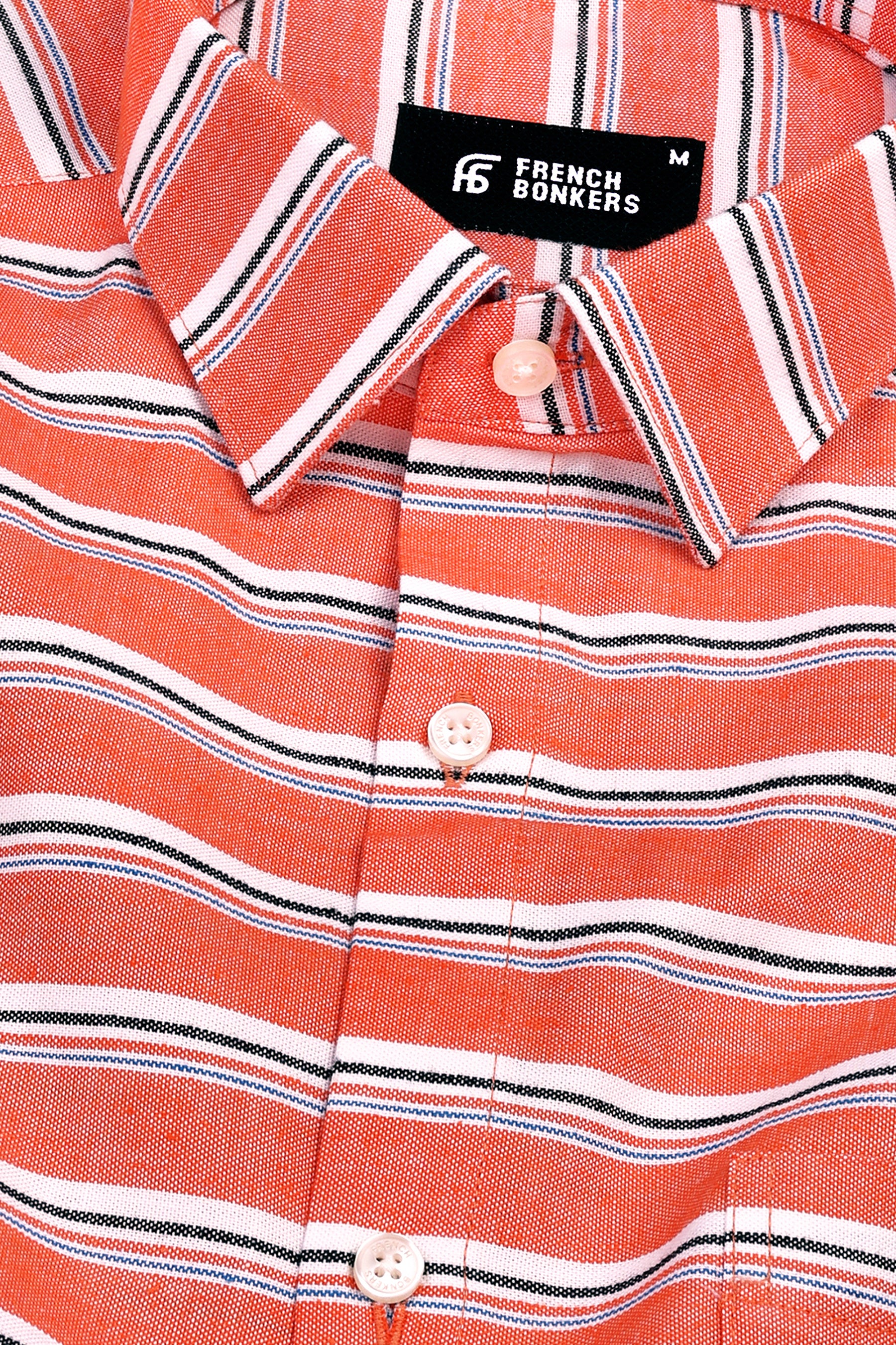 Tangerine orange with blue black and white aradonis stripe shirt