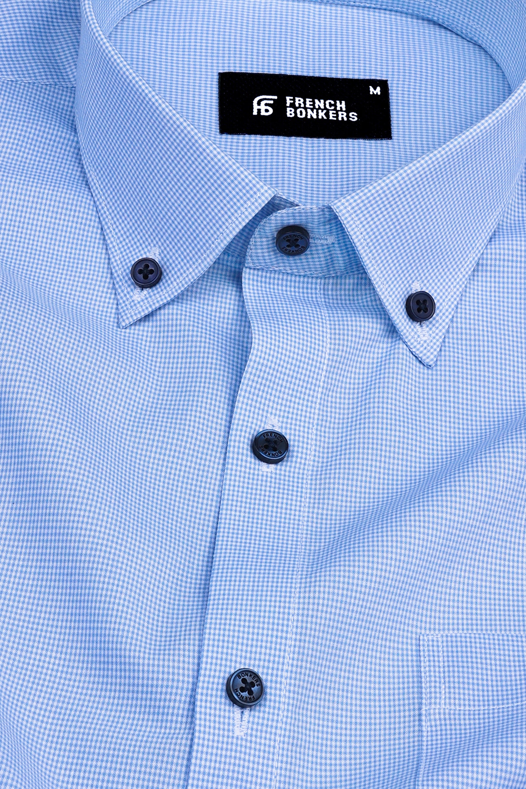 Powder blue with white mini micro check cotton shirt
