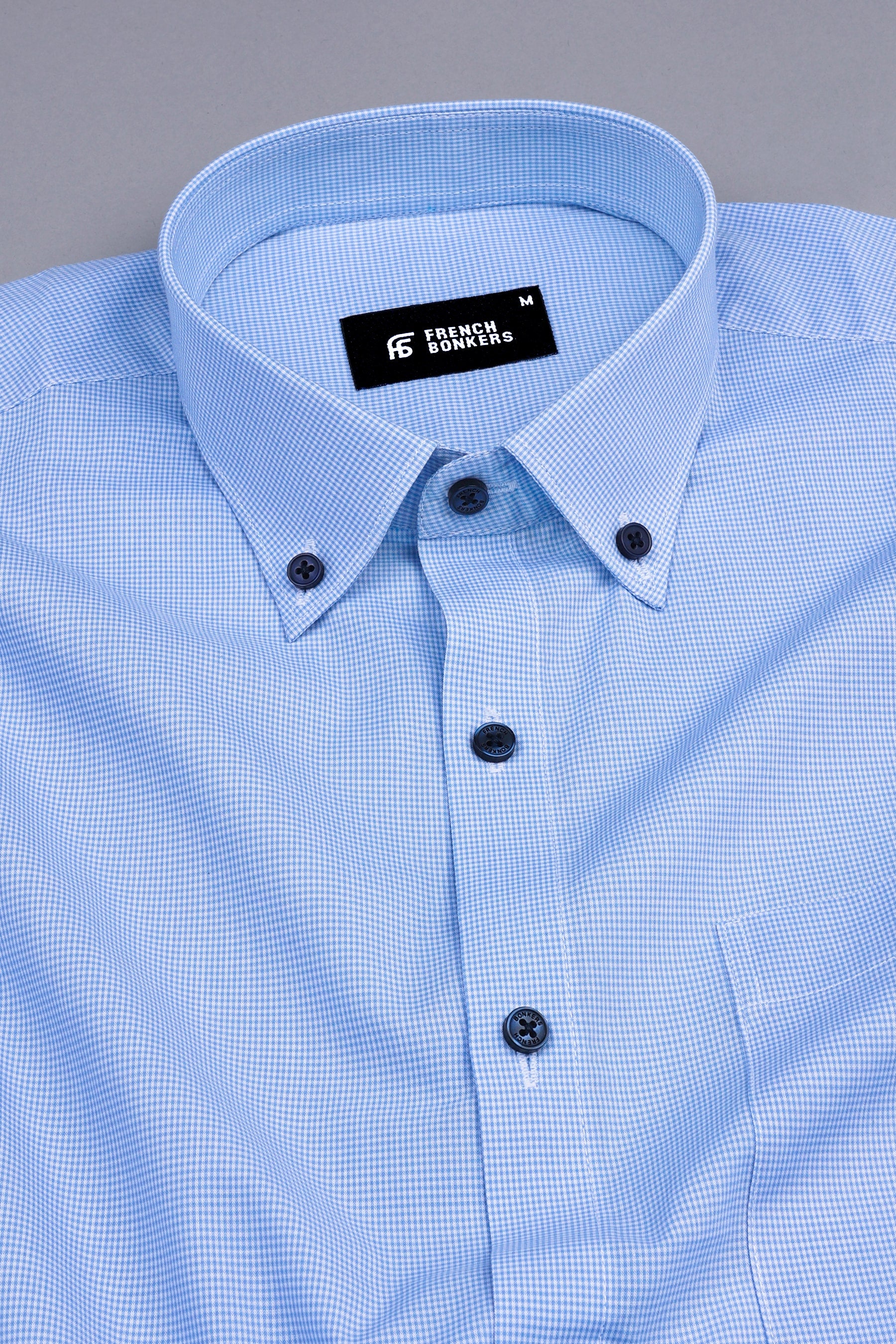 Powder blue with white mini micro check cotton shirt
