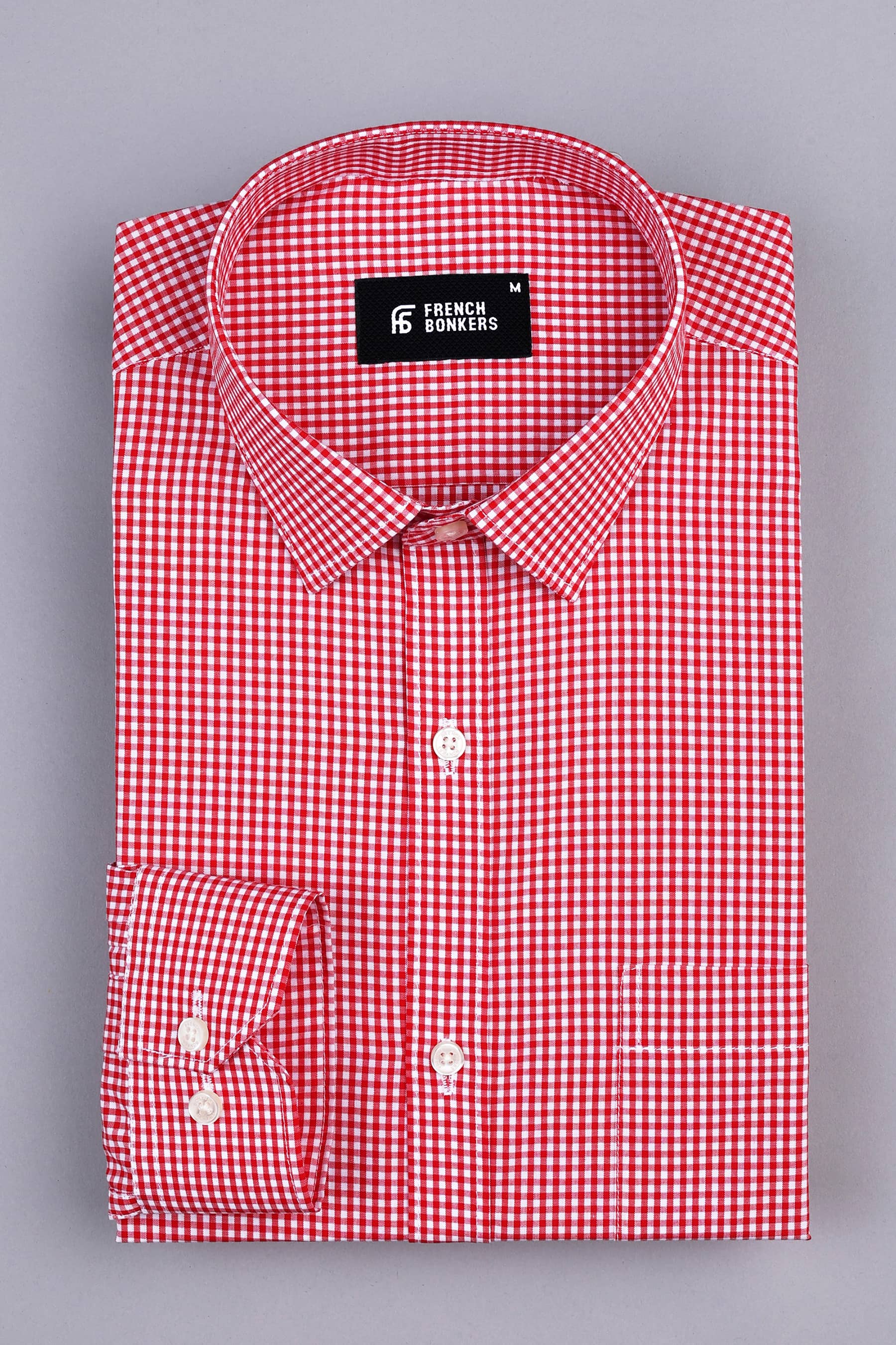 Red carpet on snow white pin check cotton shirt