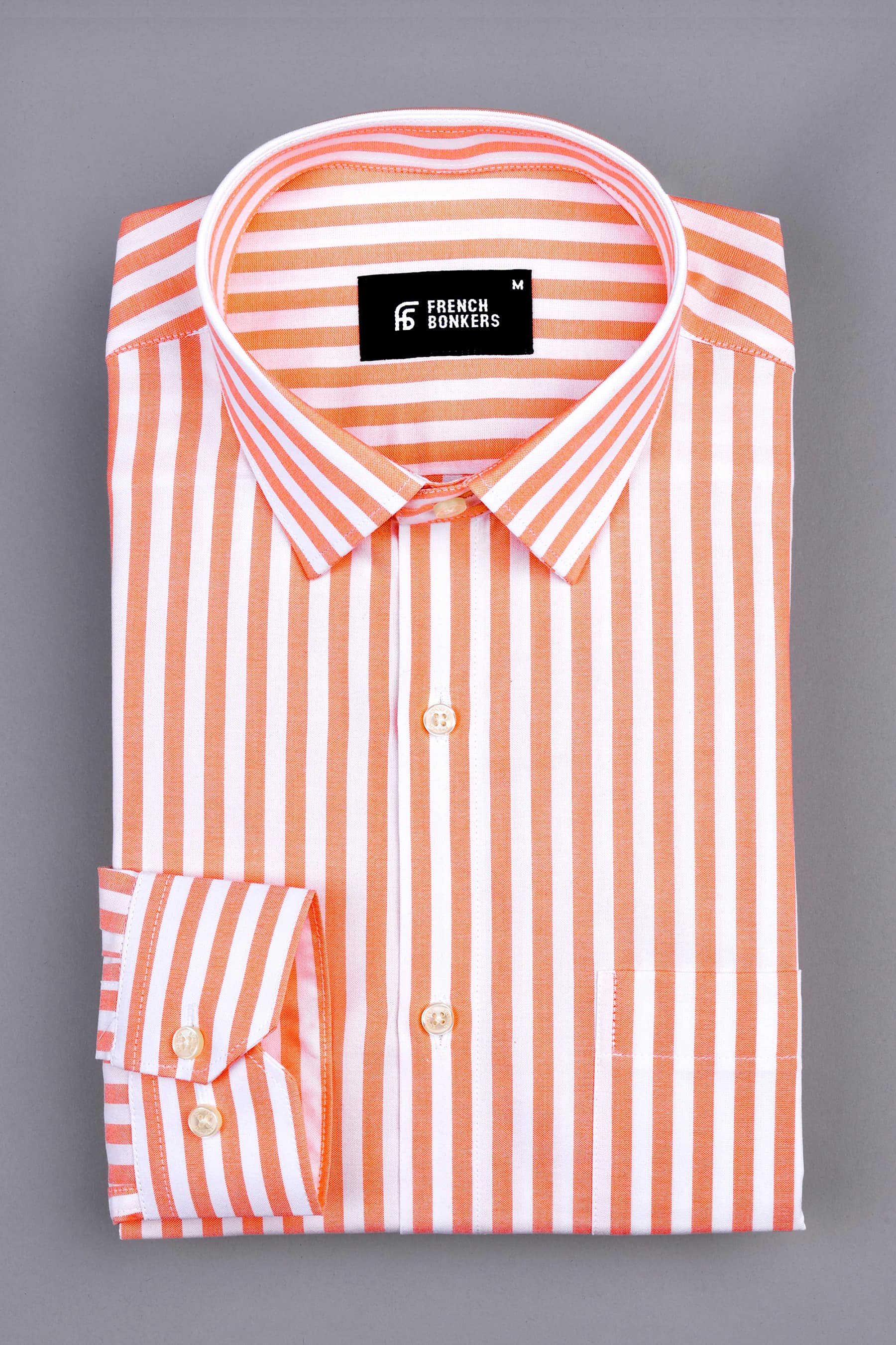 Cantaloupe orange with white oxford bengal stripe shirt