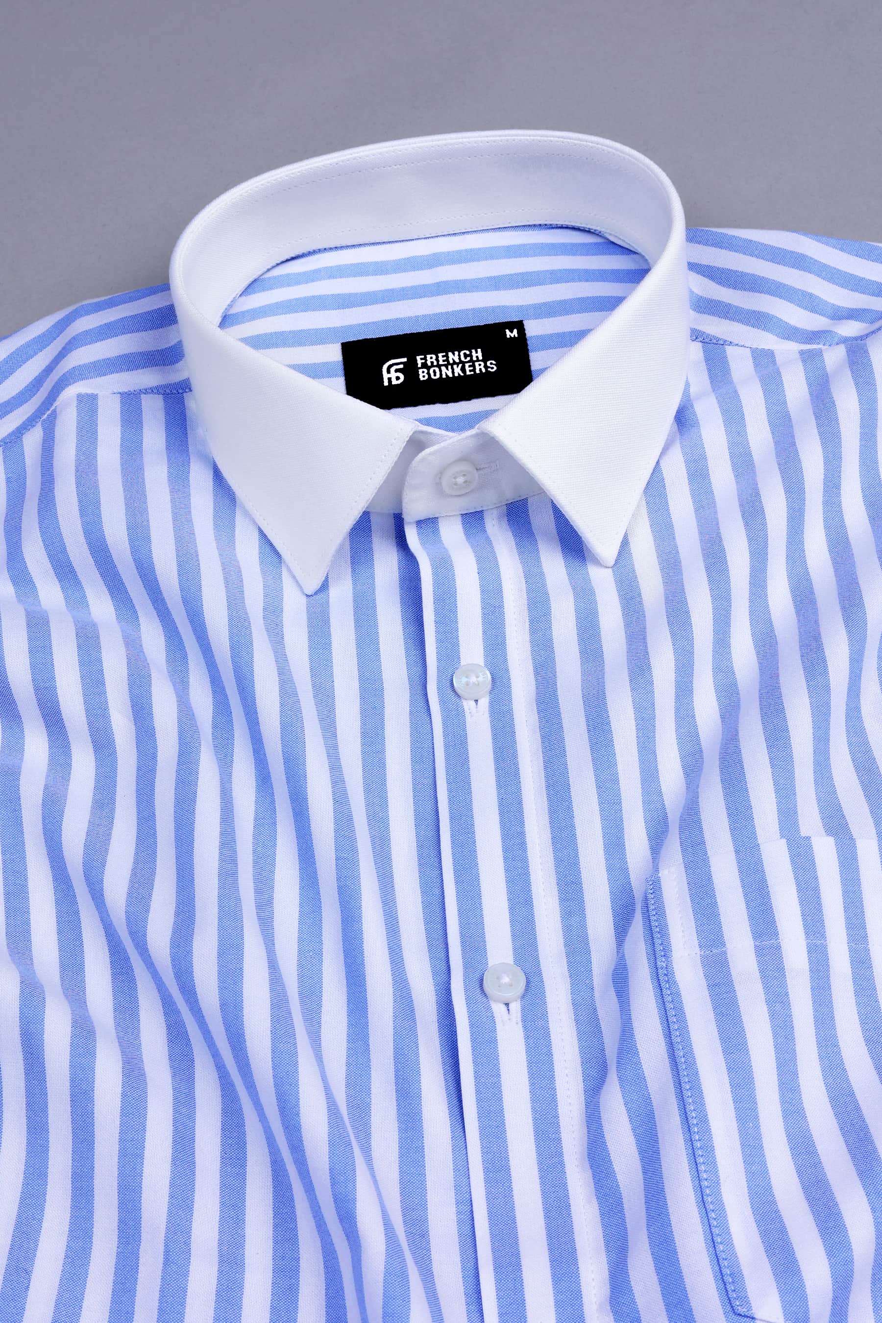 Cornflower blue with white oxford bengal stripe shirt