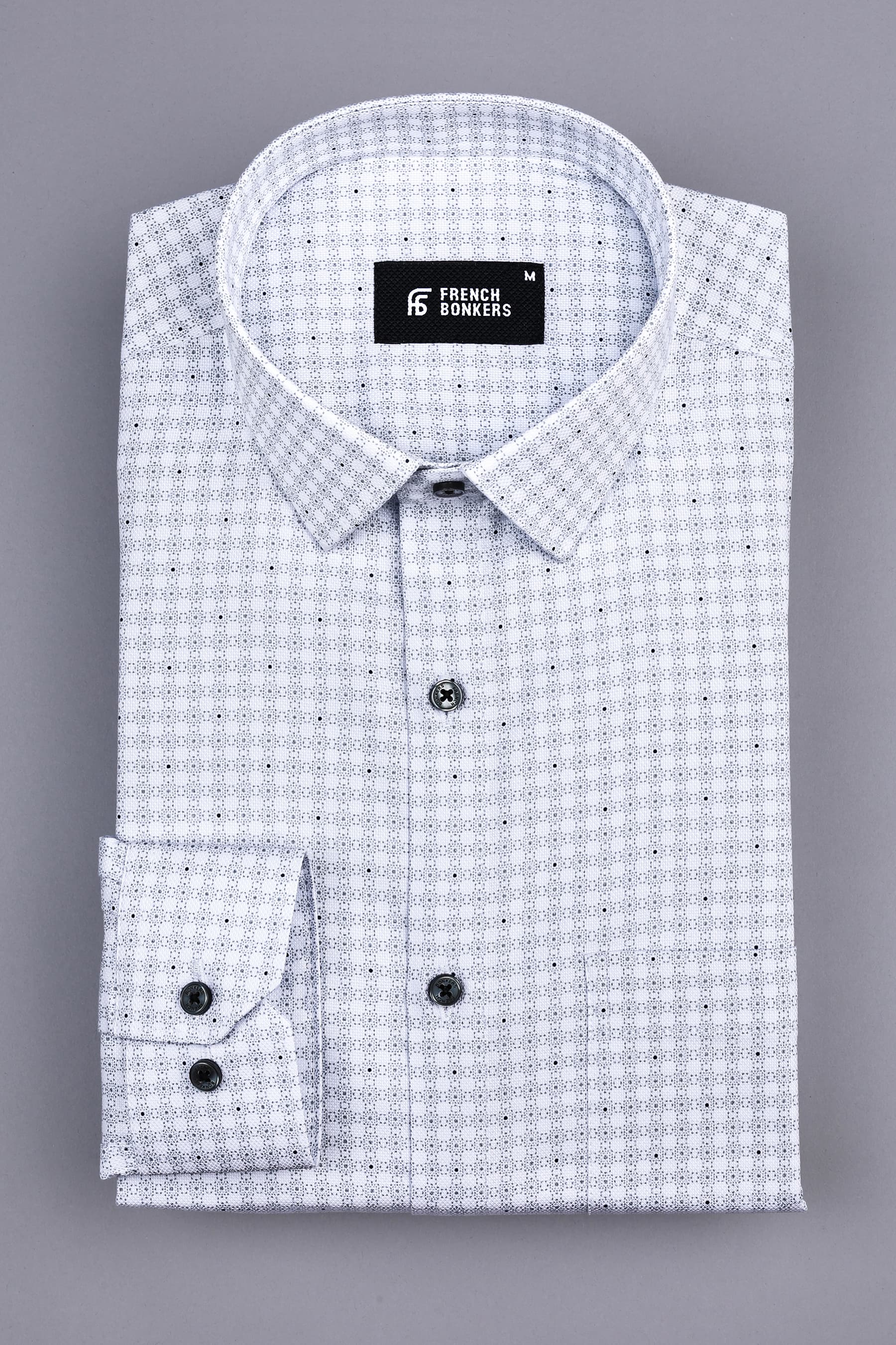 White with grey and black dot printed cotton shirt