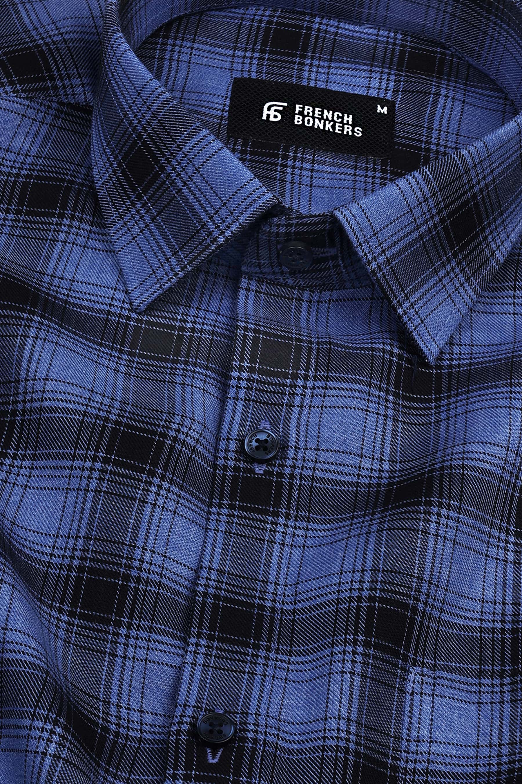 Spanish blue with black royal stewart tartan plaid check shirt