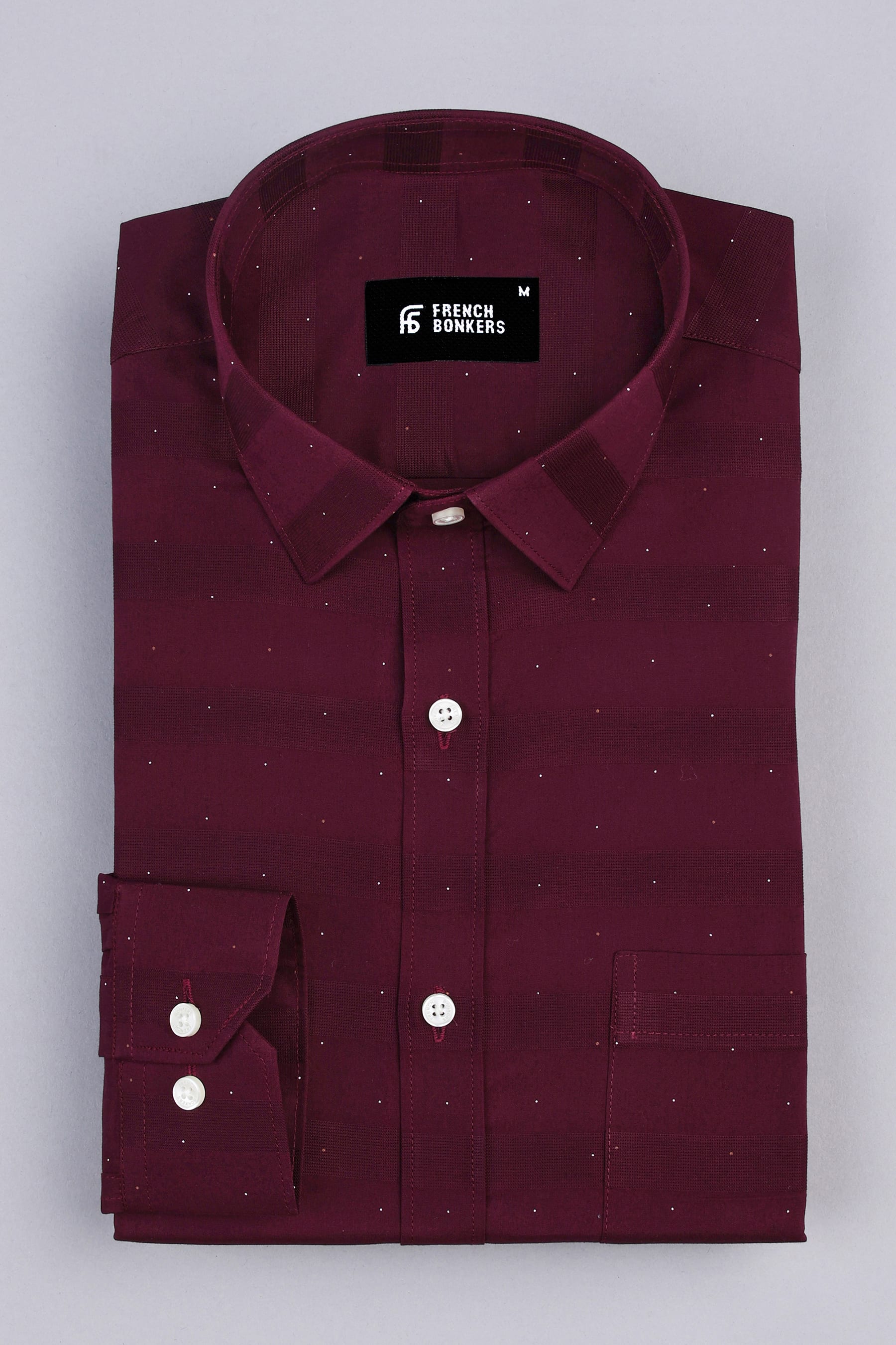 Wine red with dot printed awning stripe shirt