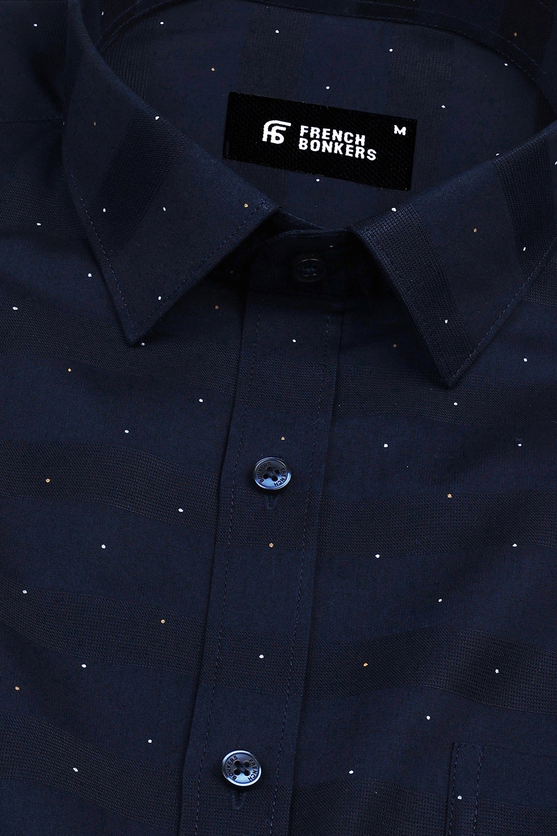 Yankees blue with dot printed awning stripe shirt