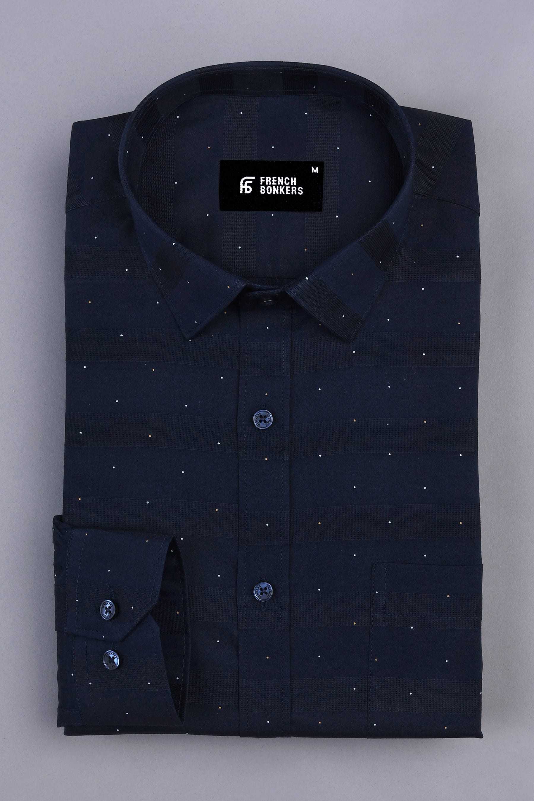 Yankees blue with dot printed awning stripe shirt
