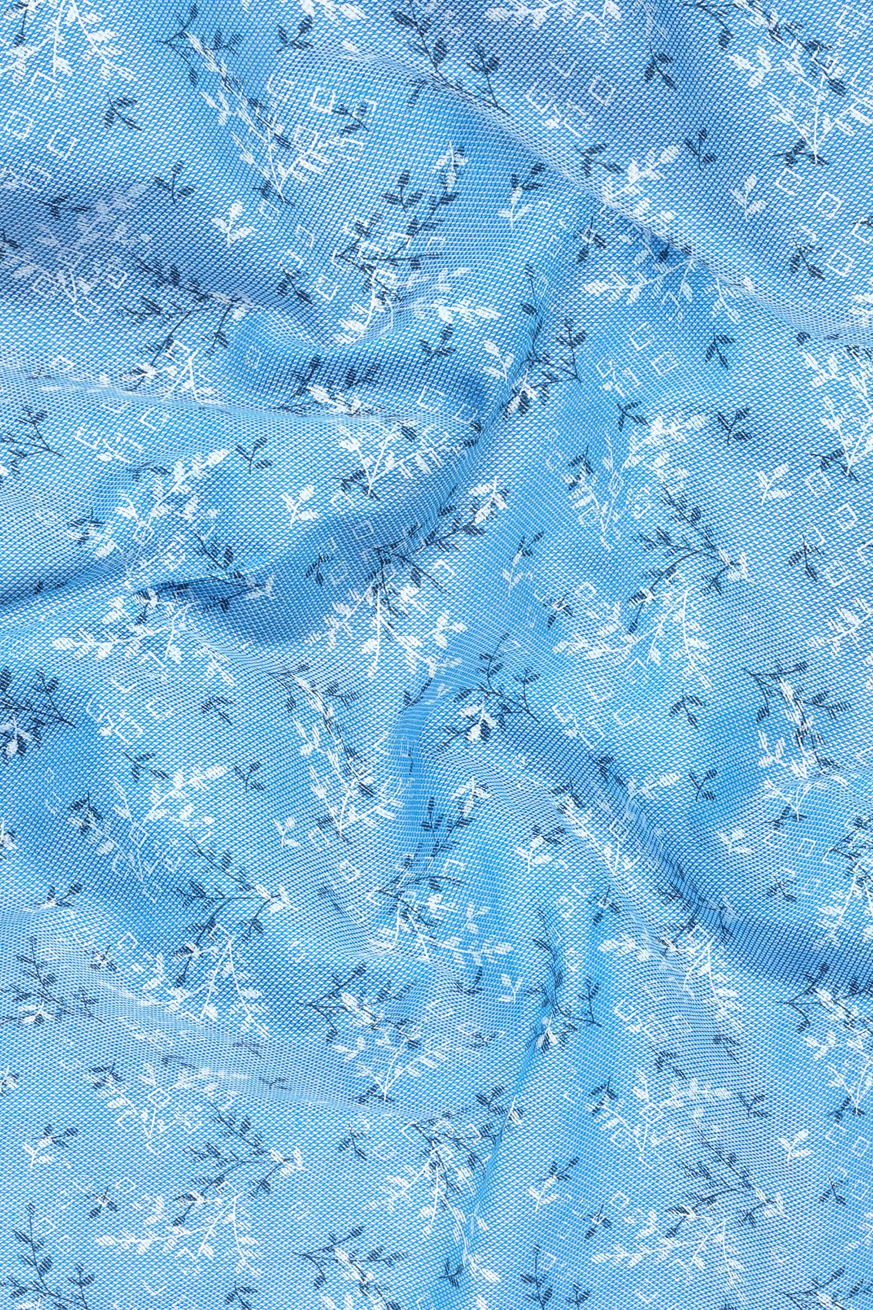 Aqua blue with black and white printed shirt