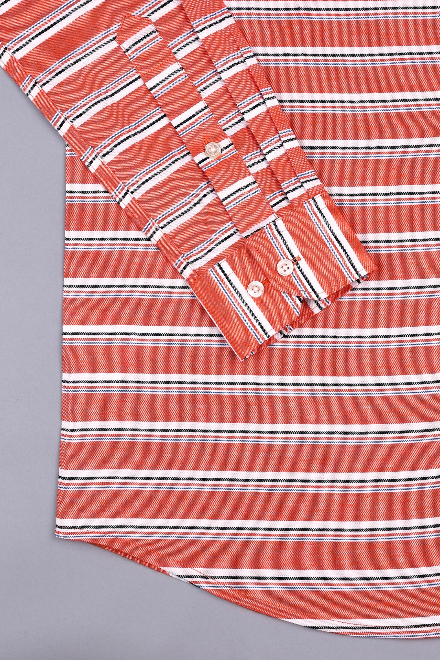 Tangerine orange with blue black and white aradonis stripe shirt