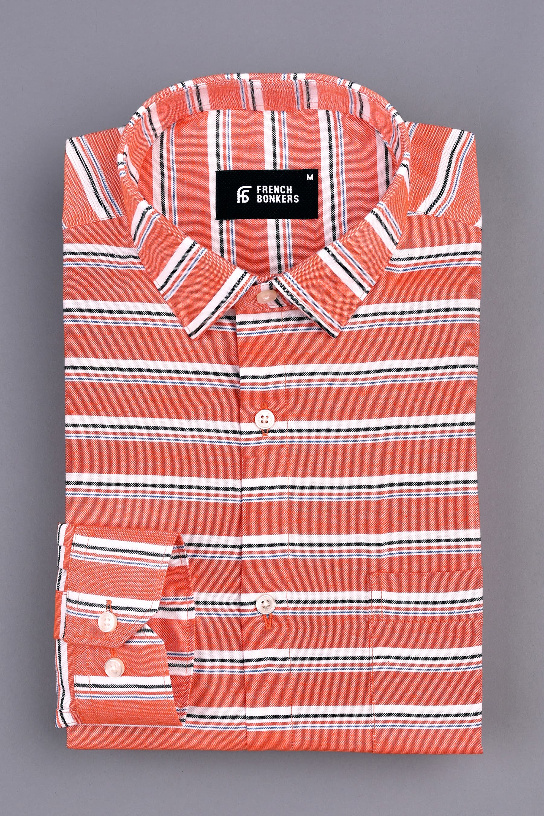 Tangerine orange with blue black and white aradonis stripe shirt