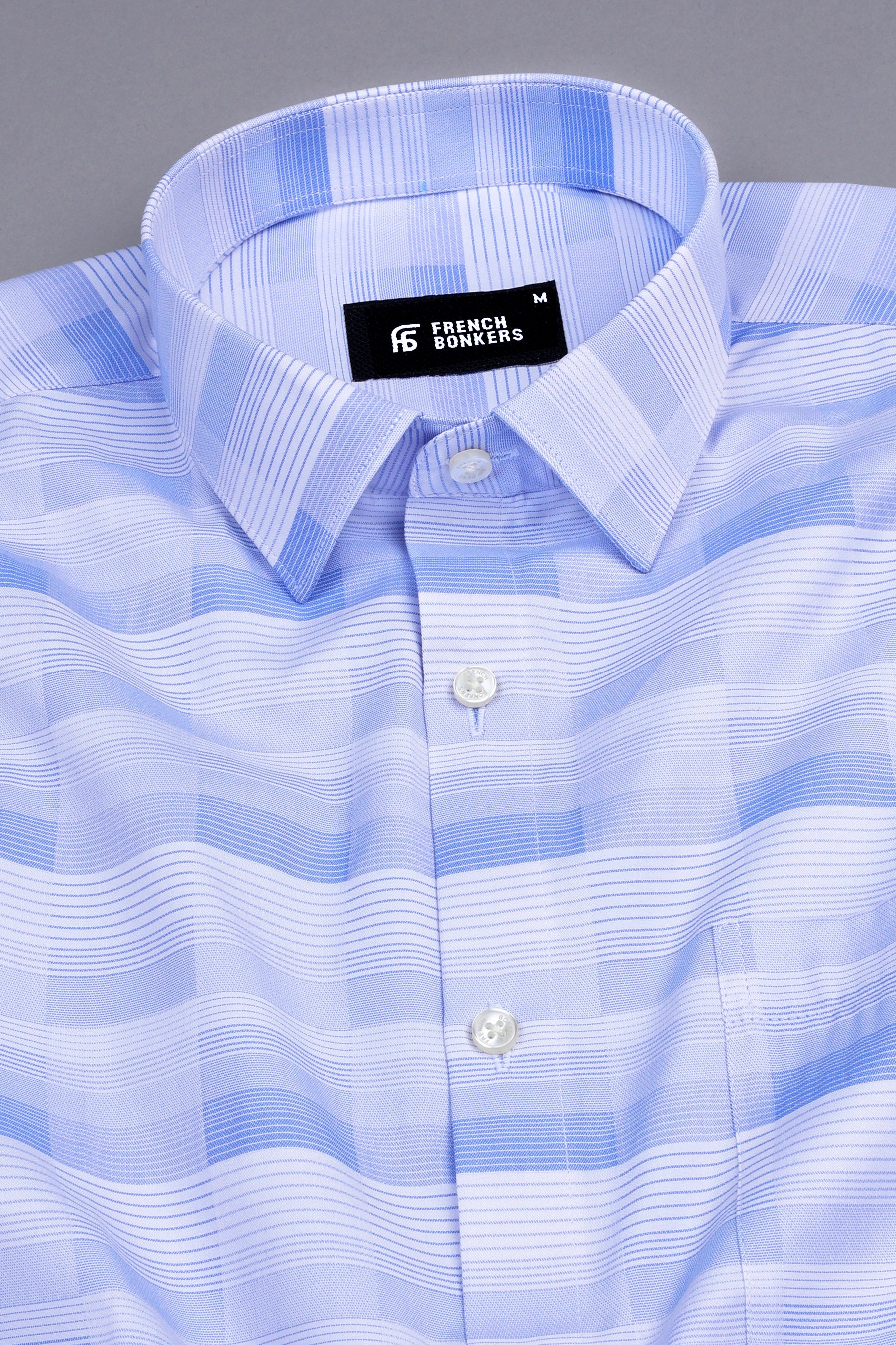 White with light blue line check shirt