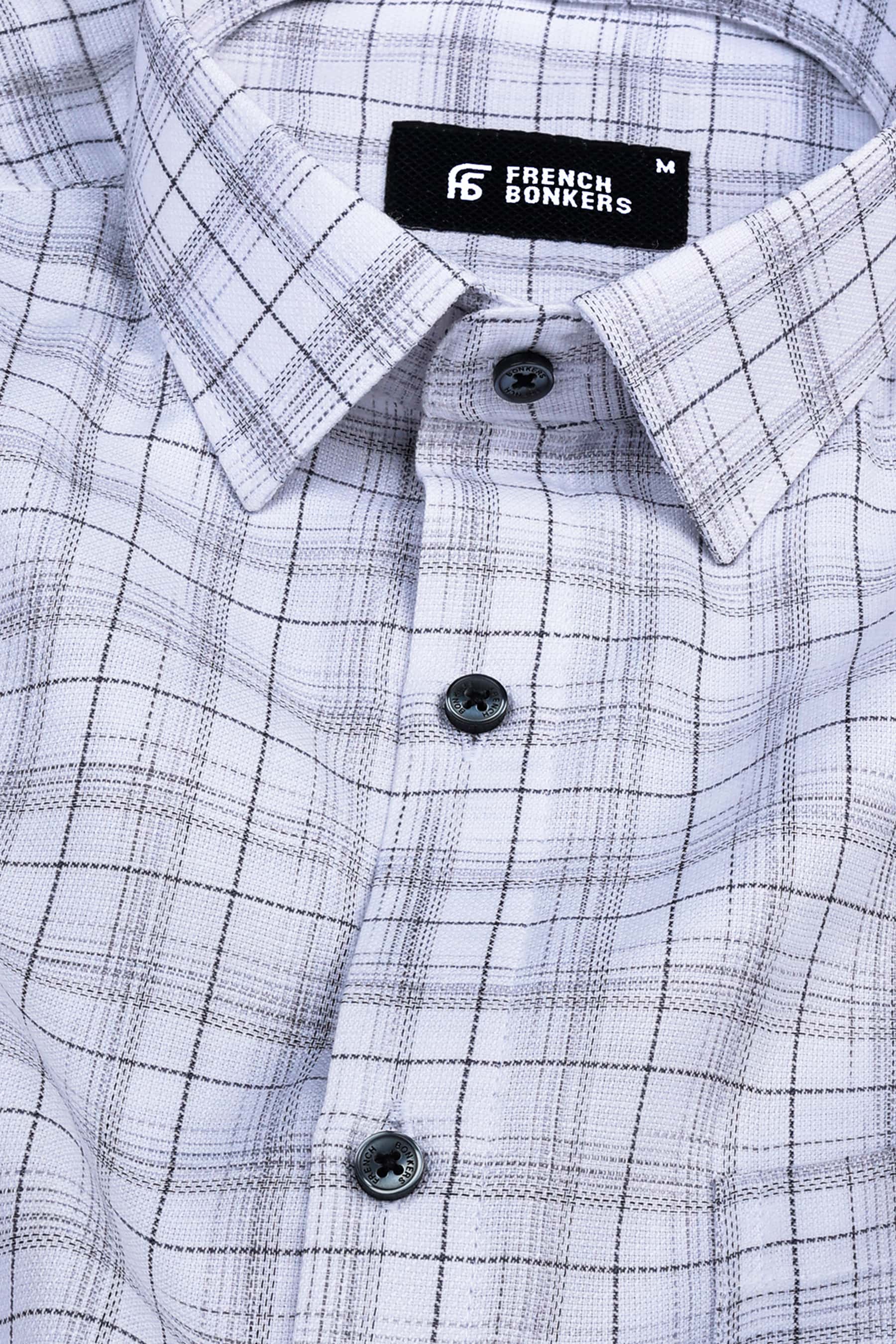 White with dark grey lines arglye check shirt