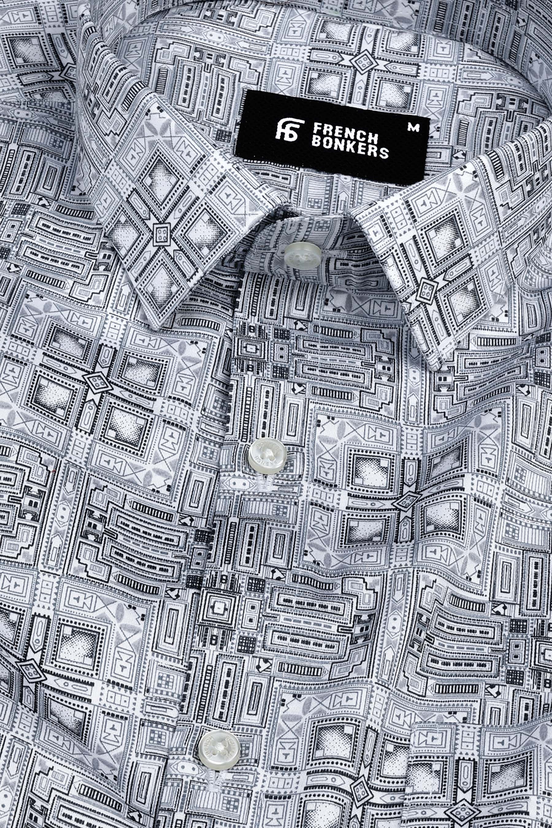 White with navy blue vintage ludo design printed satin shirt