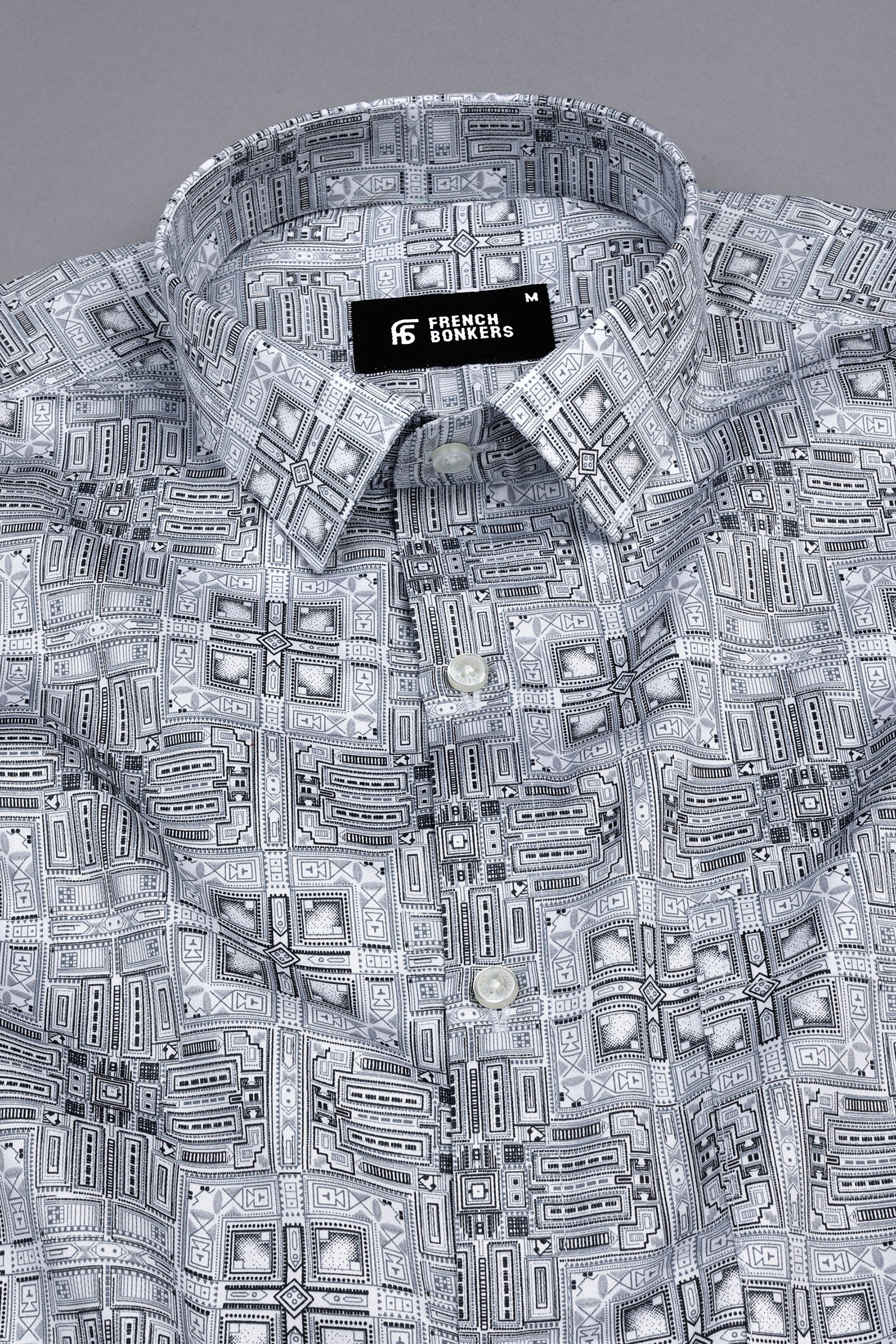 White with navy blue vintage ludo design printed satin shirt