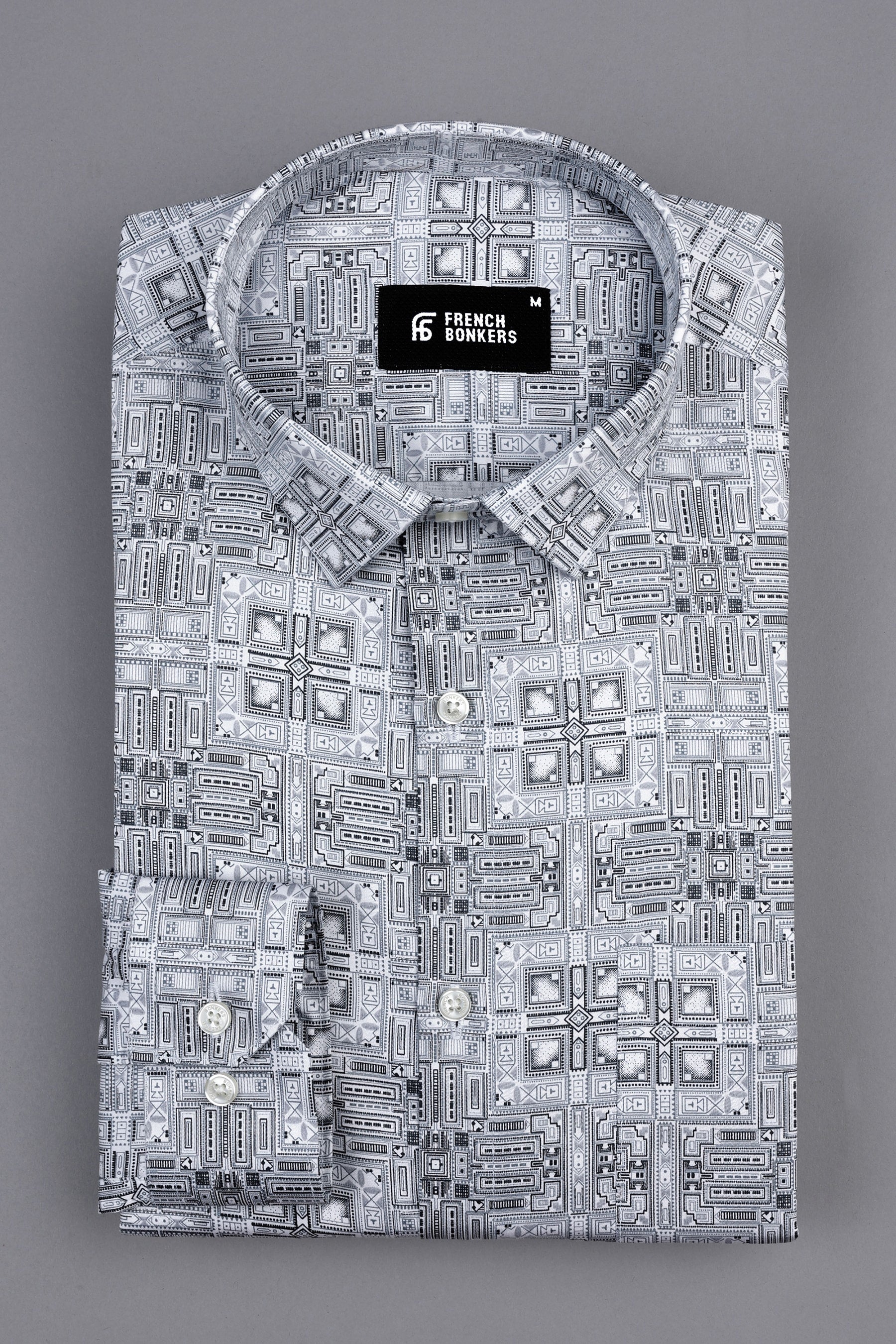 White with navy blue vintage ludo design printed satin shirt