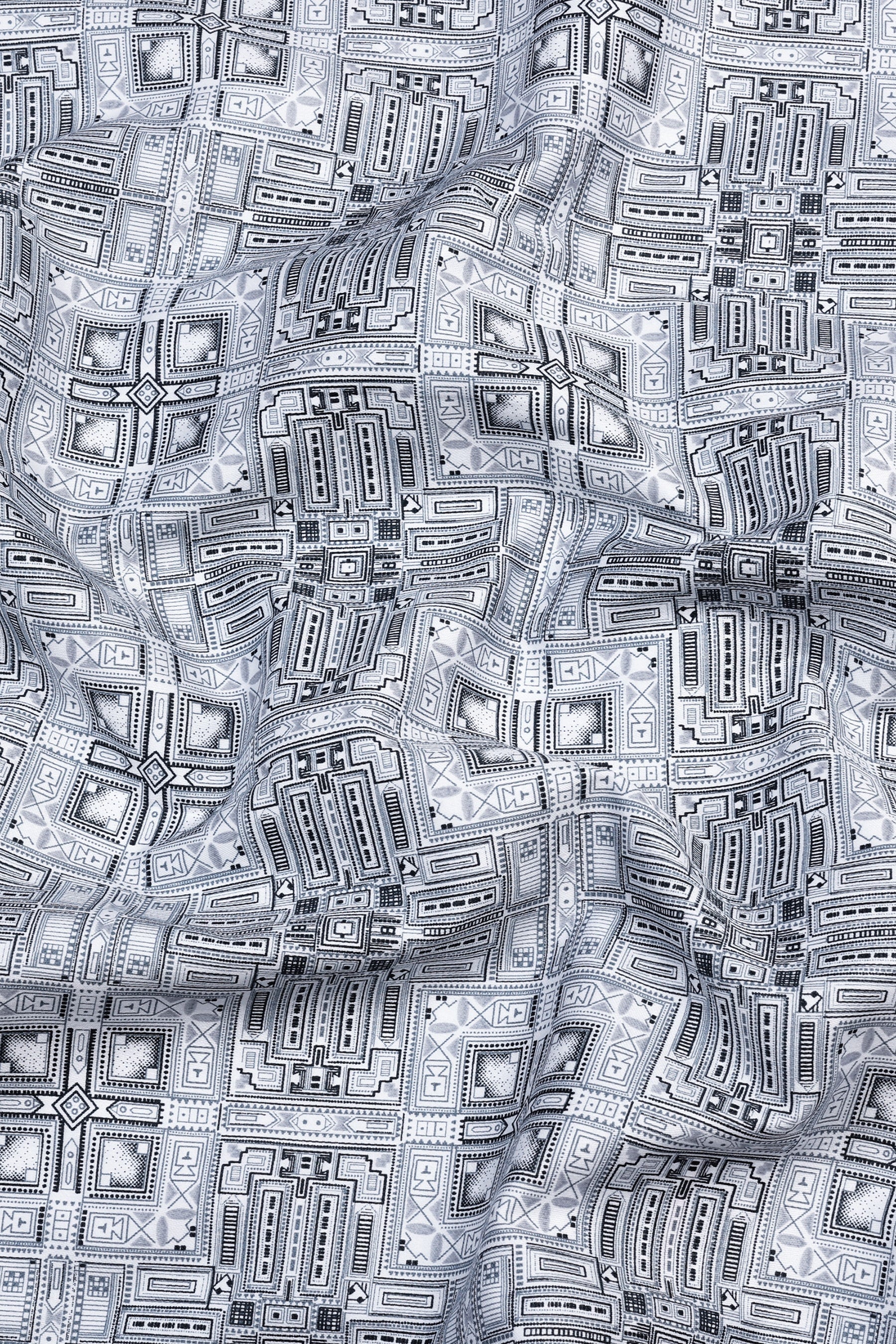 White with navy blue vintage ludo design printed satin shirt