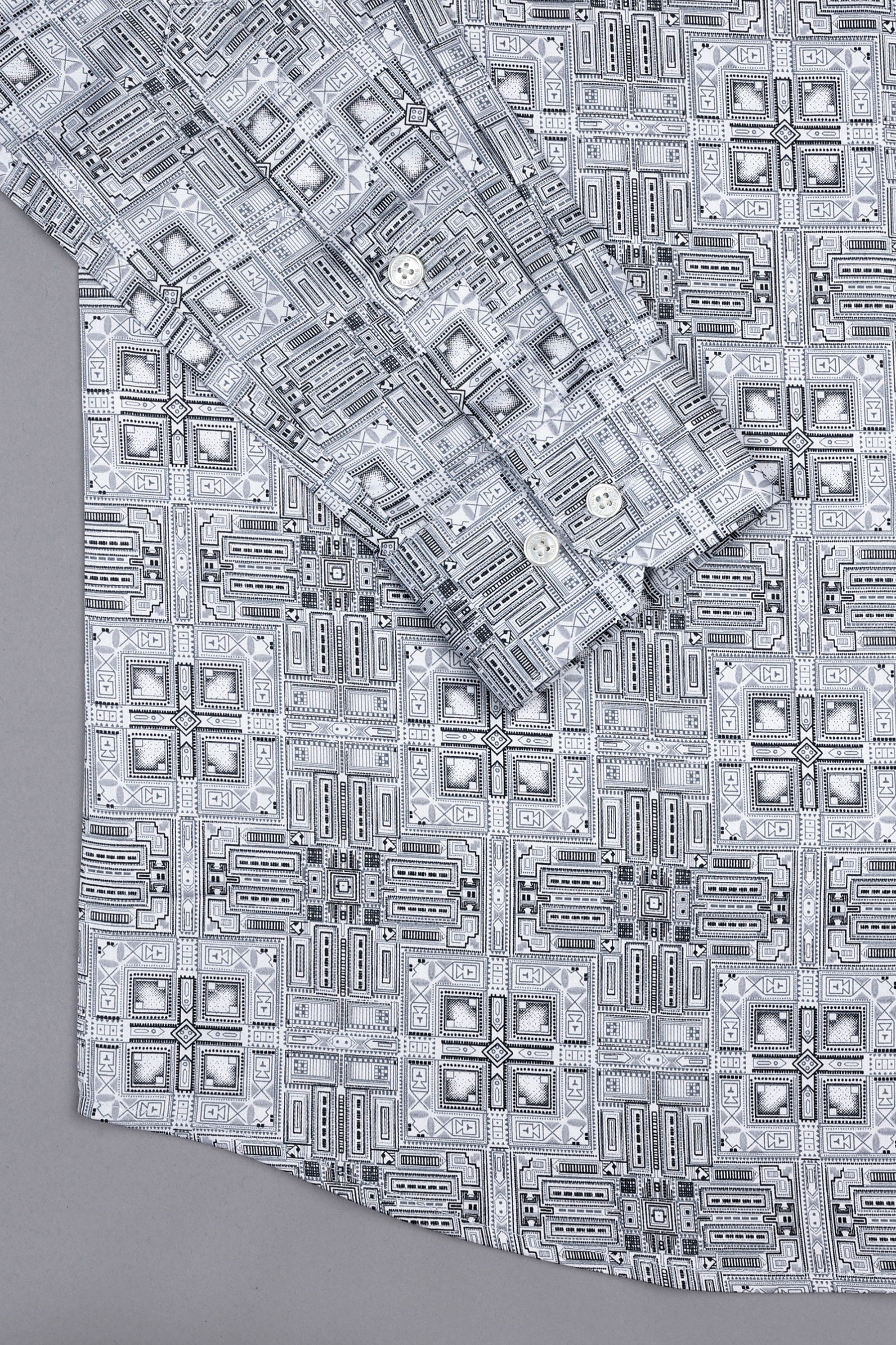 White with navy blue vintage ludo design printed satin shirt