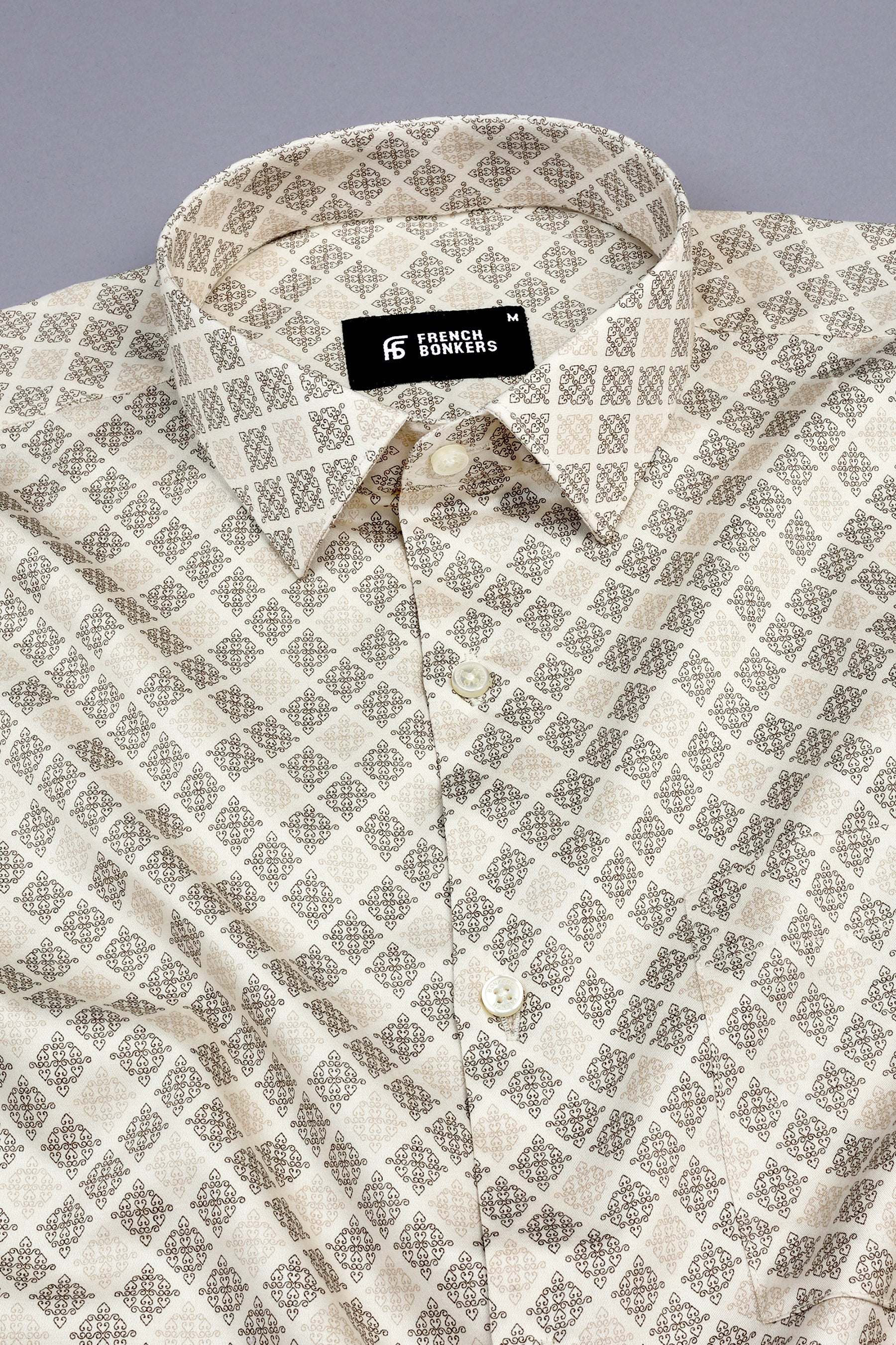 Cream with brown geometrical printed satin shirt