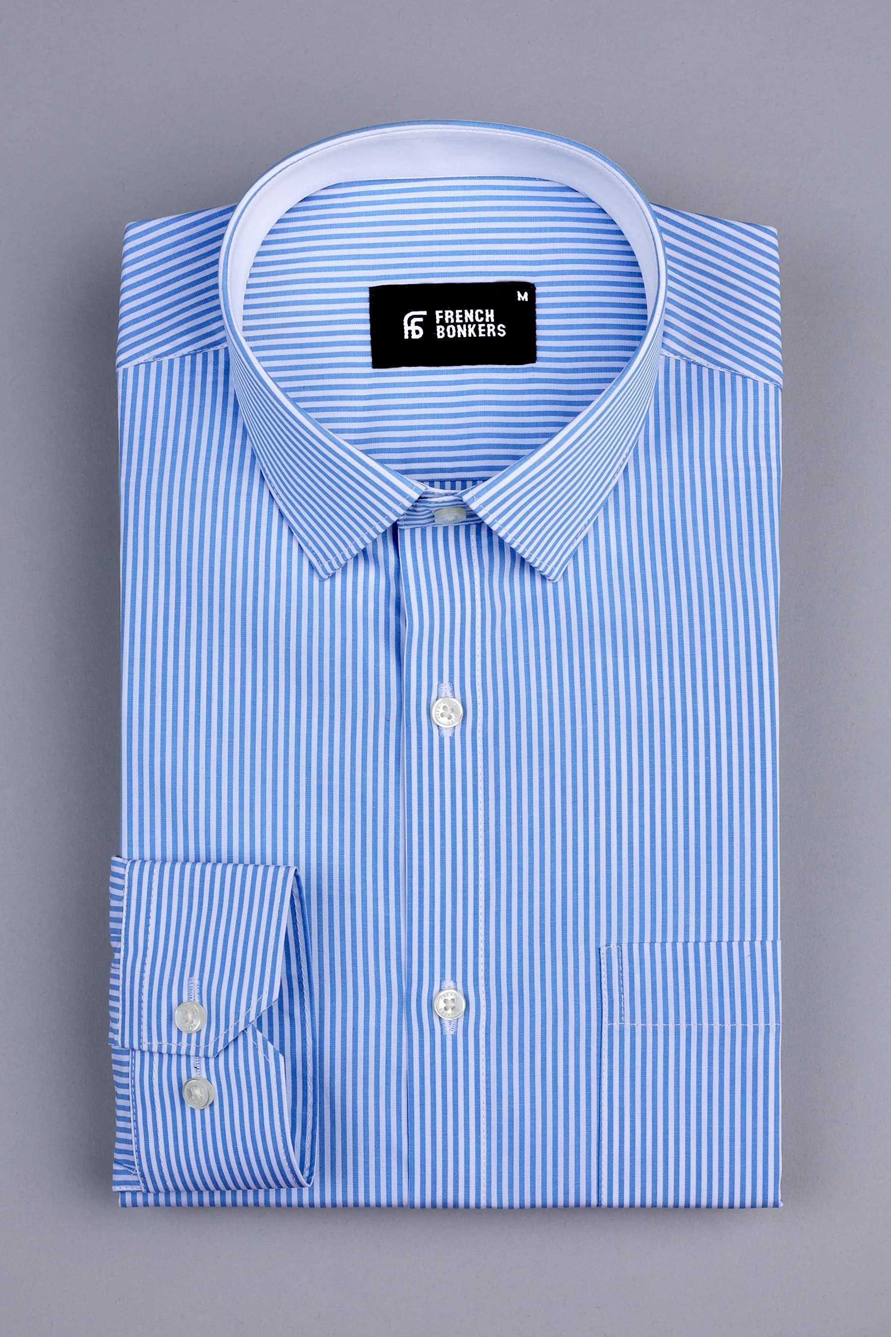 White with UN blue lines bengal stripe shirt