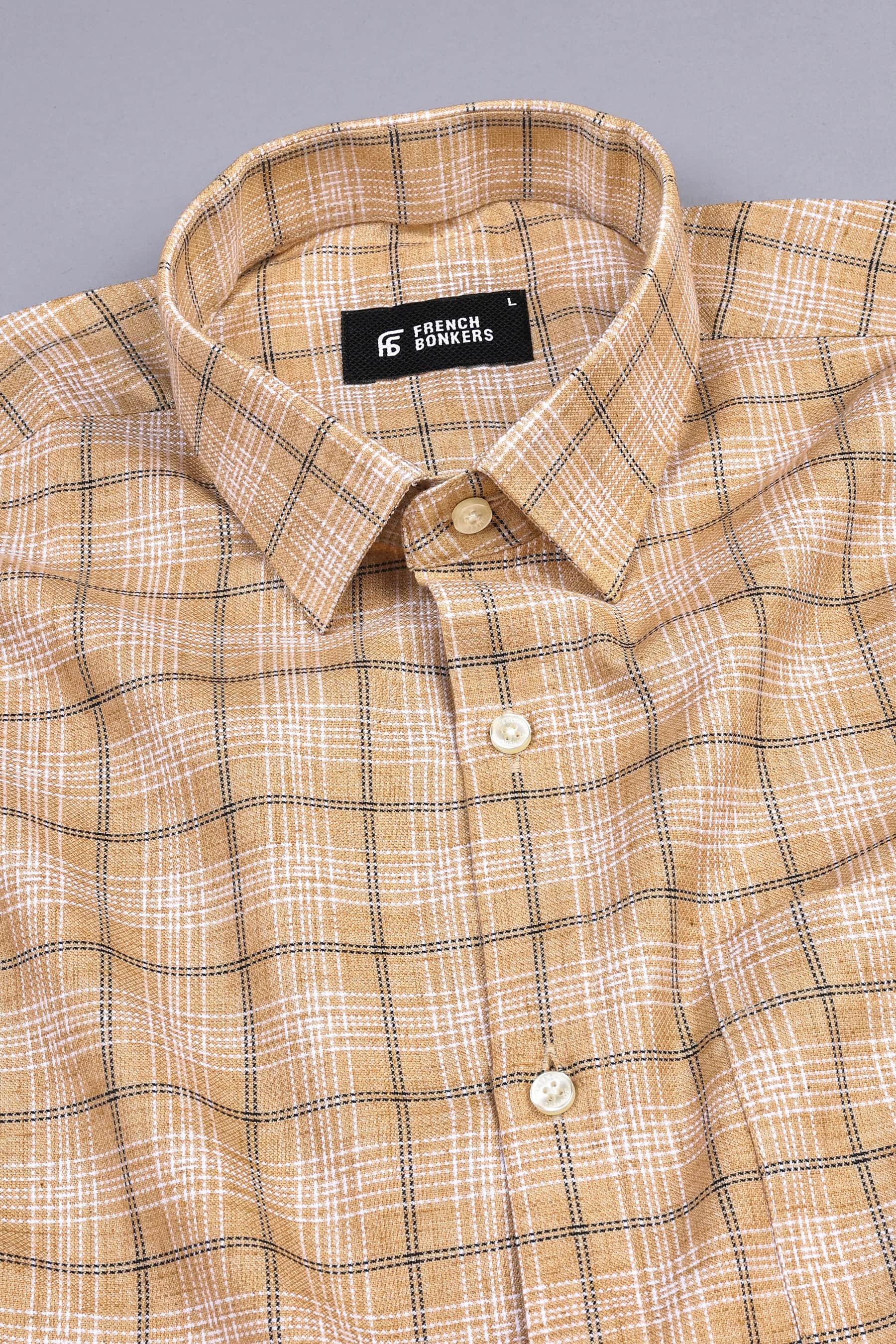 Brown with black and white lines windowpane check shirt