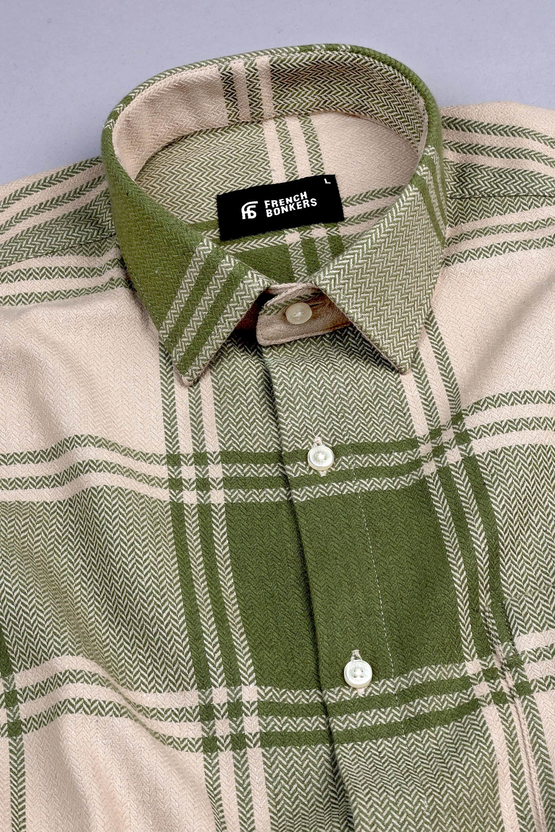 Avocado green with cream herringbone texture windowpane check shirt