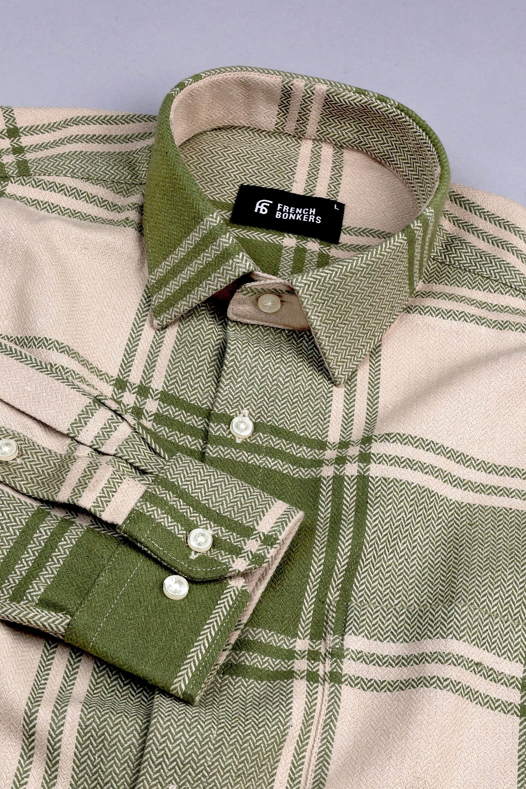 Avocado green with cream herringbone texture windowpane check shirt