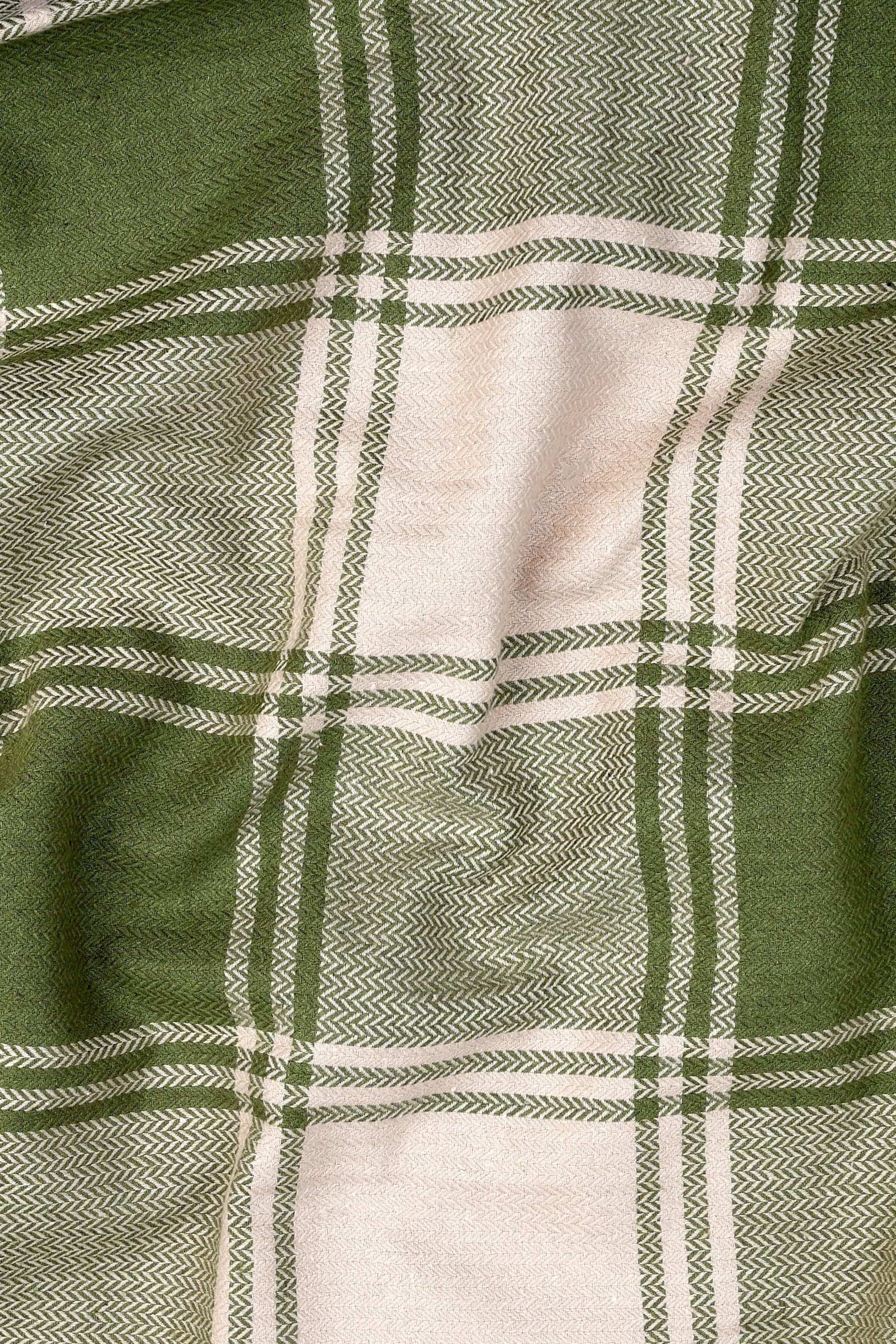 Avocado green with cream herringbone texture windowpane check shirt