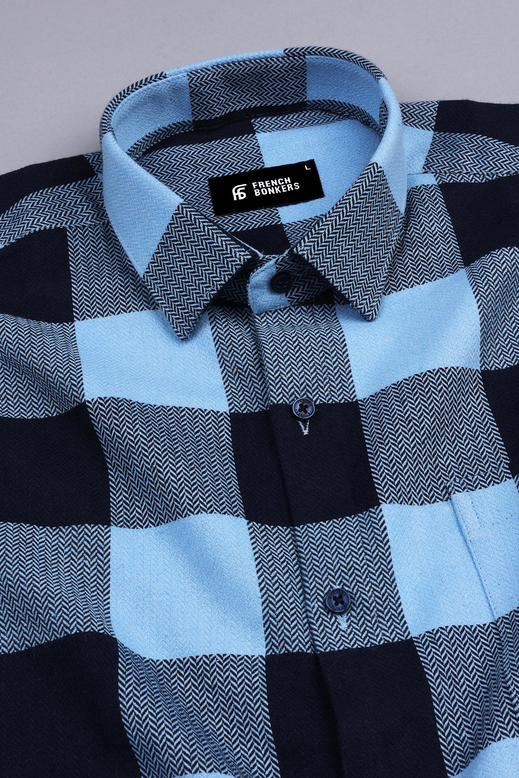 Light and Dark blue herringbone texture windowpane Flannel check shirt