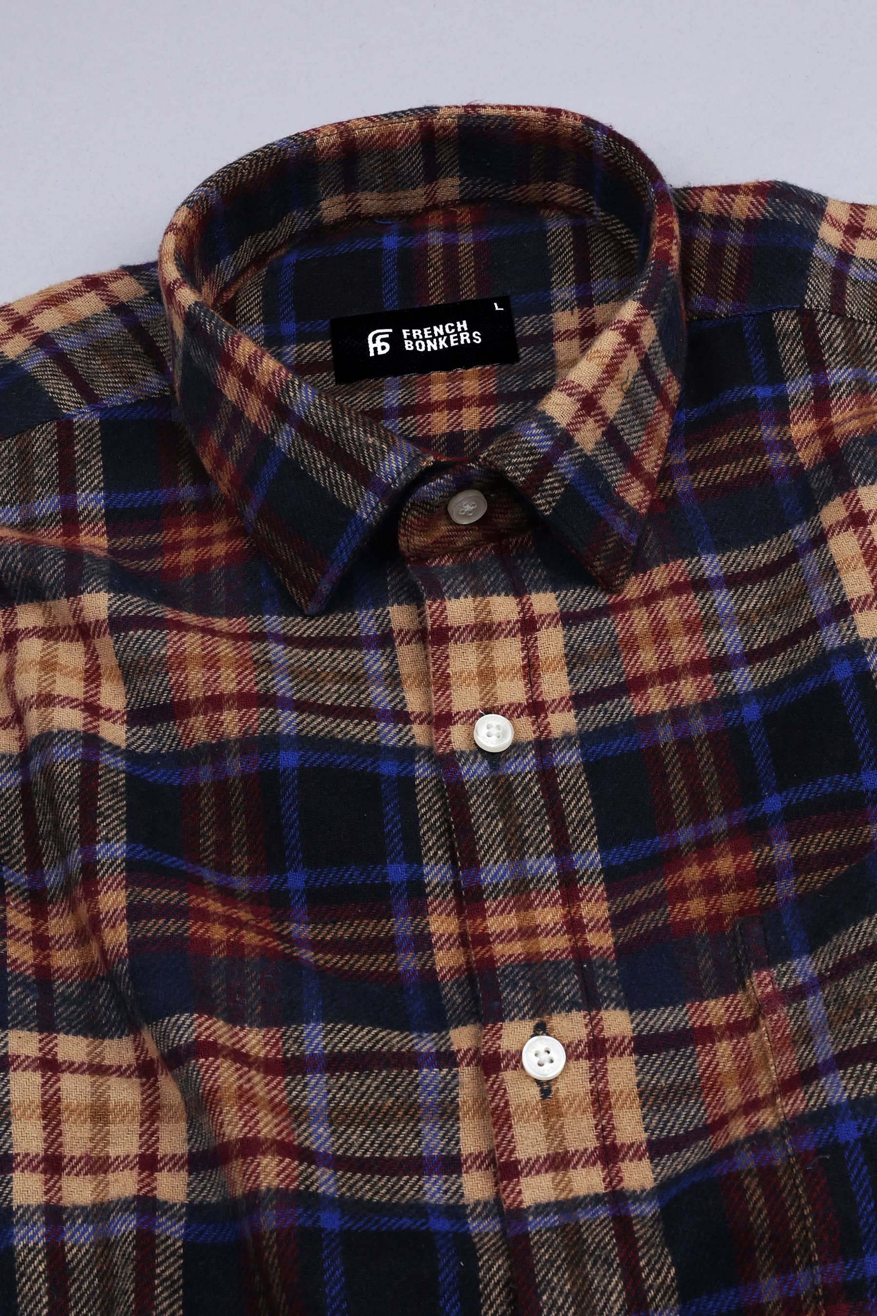 Brown with blood red and dark blue brushing check shirt