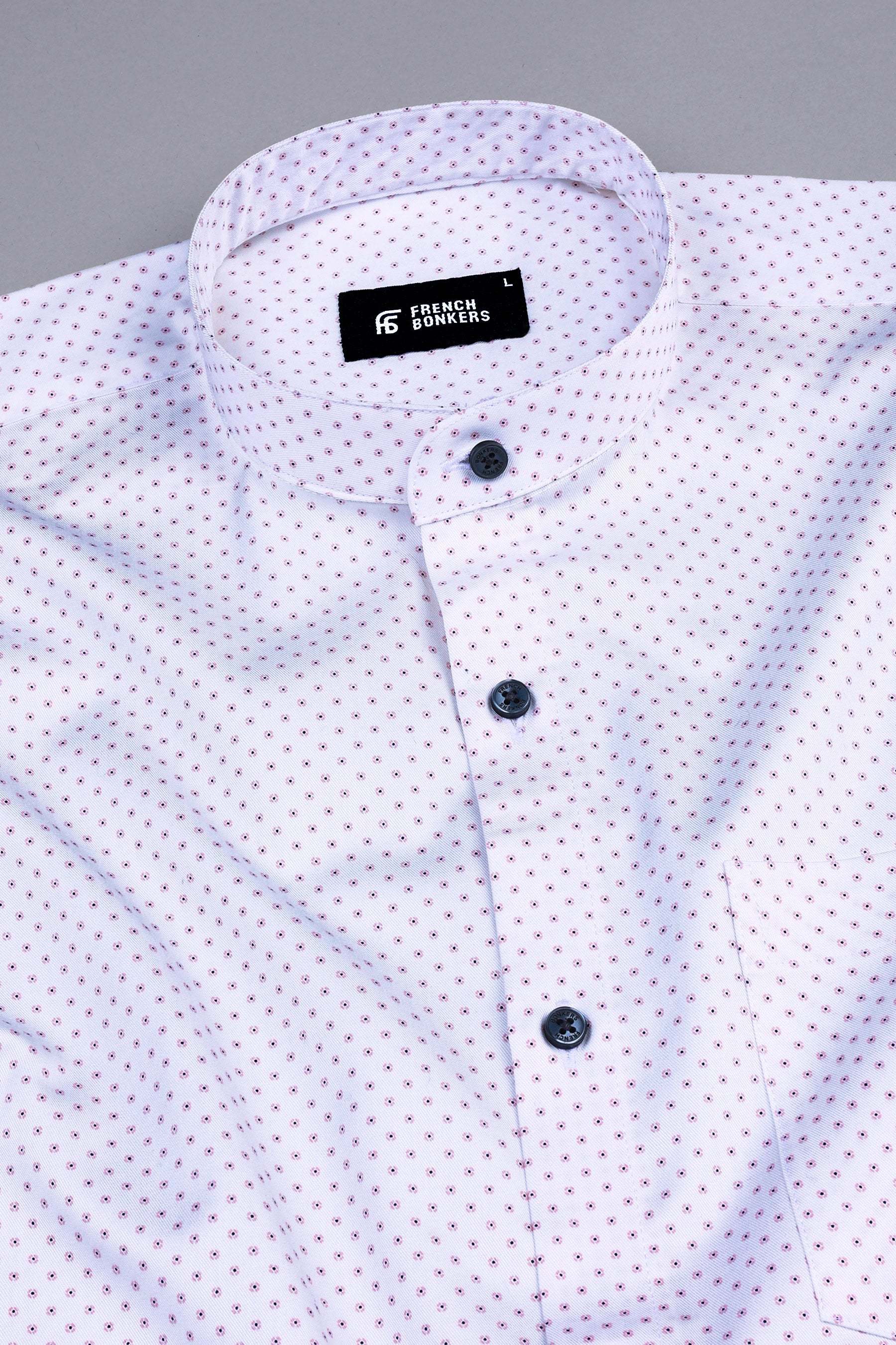 White with light pink and blue dot printed shirt