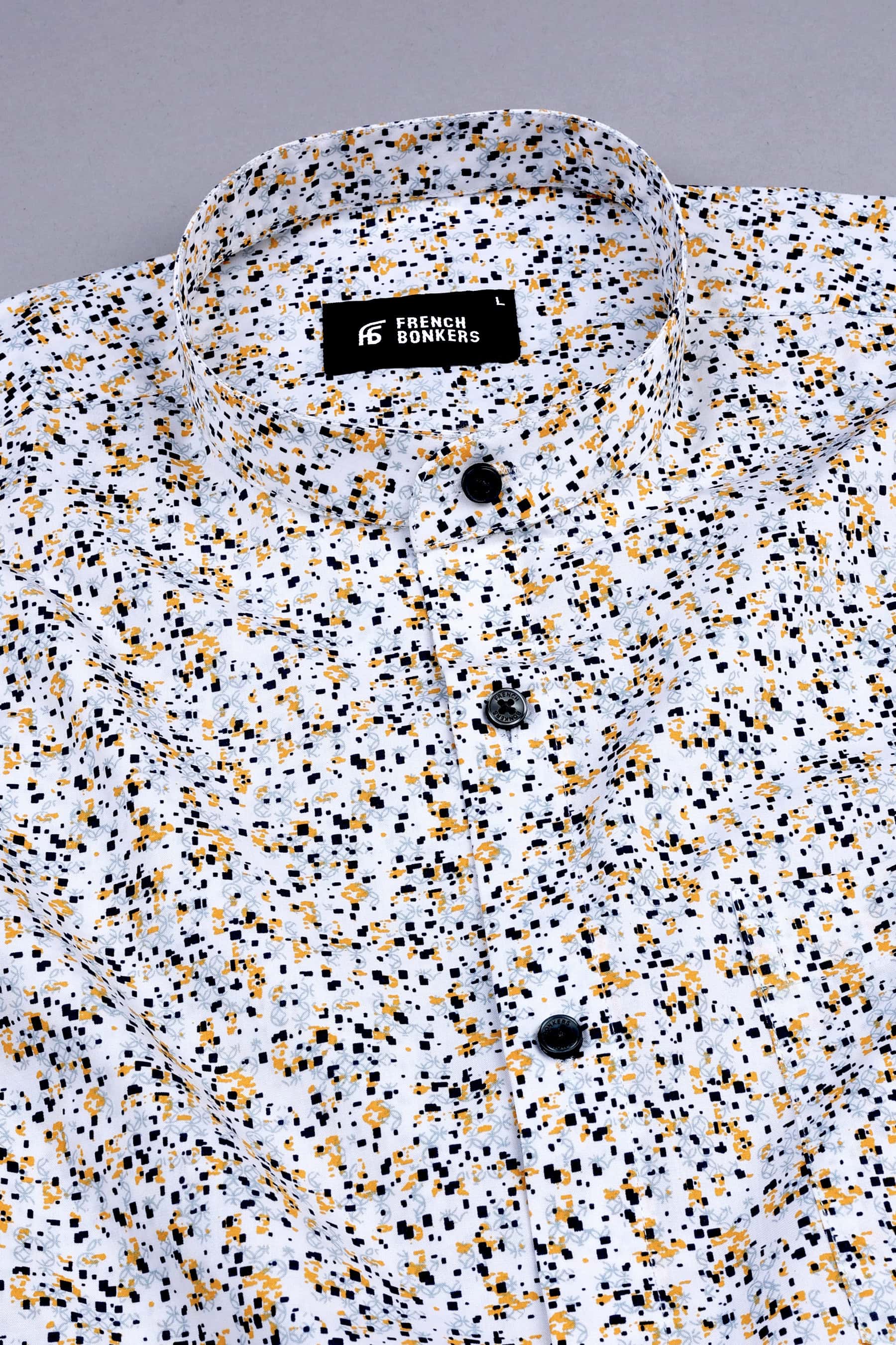 White with yellow and dark blue sprinkle printed shirt