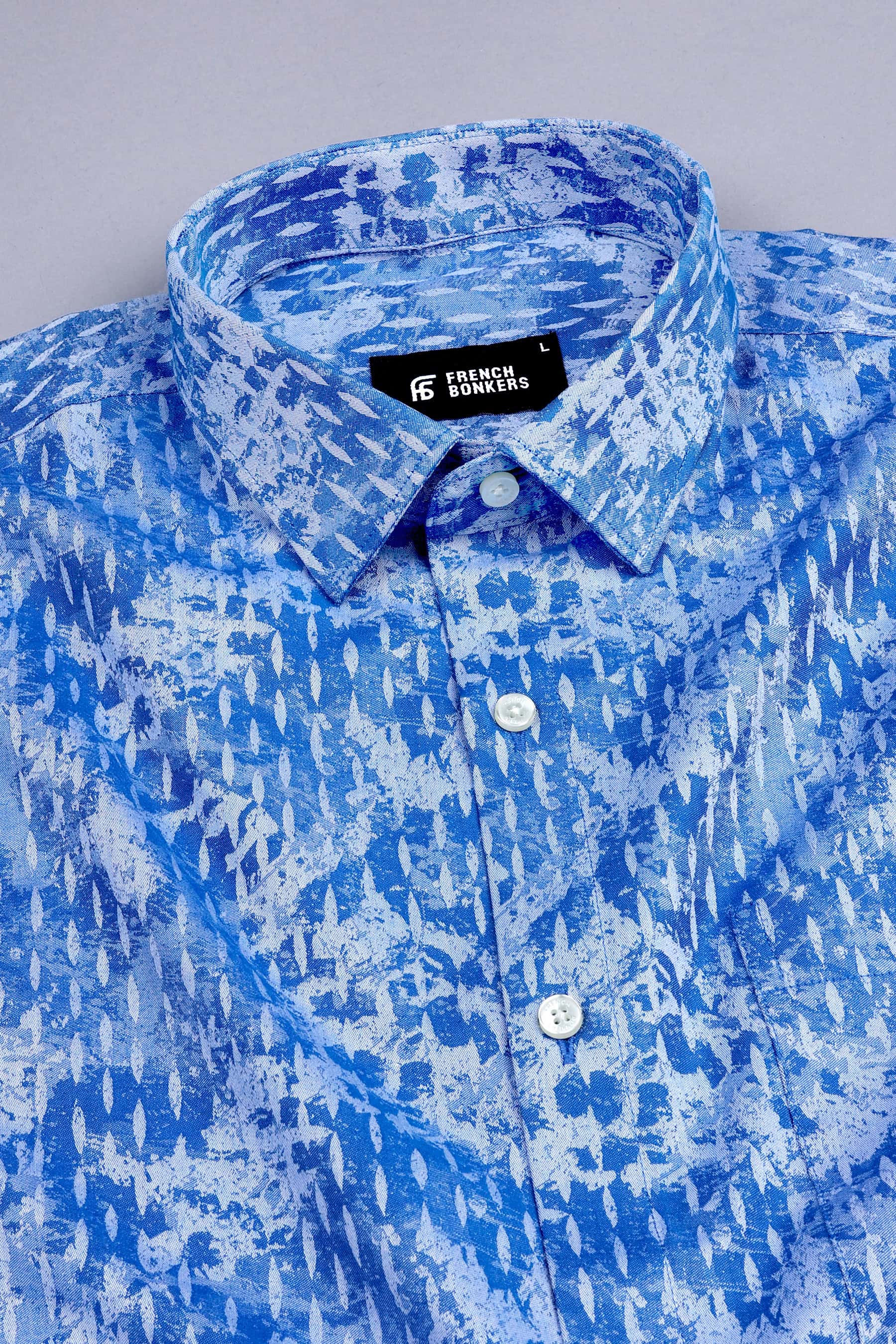 Saphire blue with ivory white jacquard printed shirt