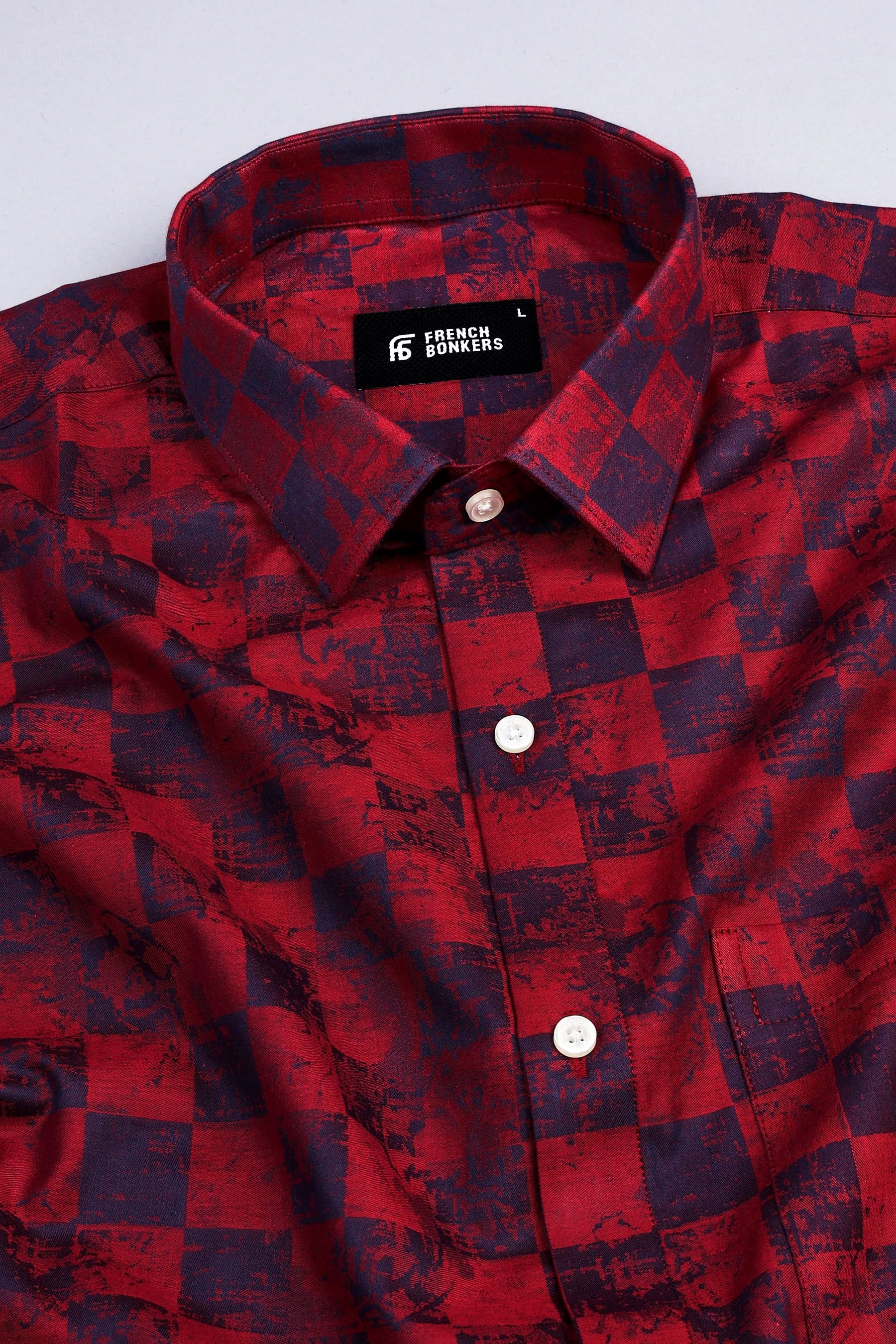 Ruby Red with dark blue jacquard printed shirt