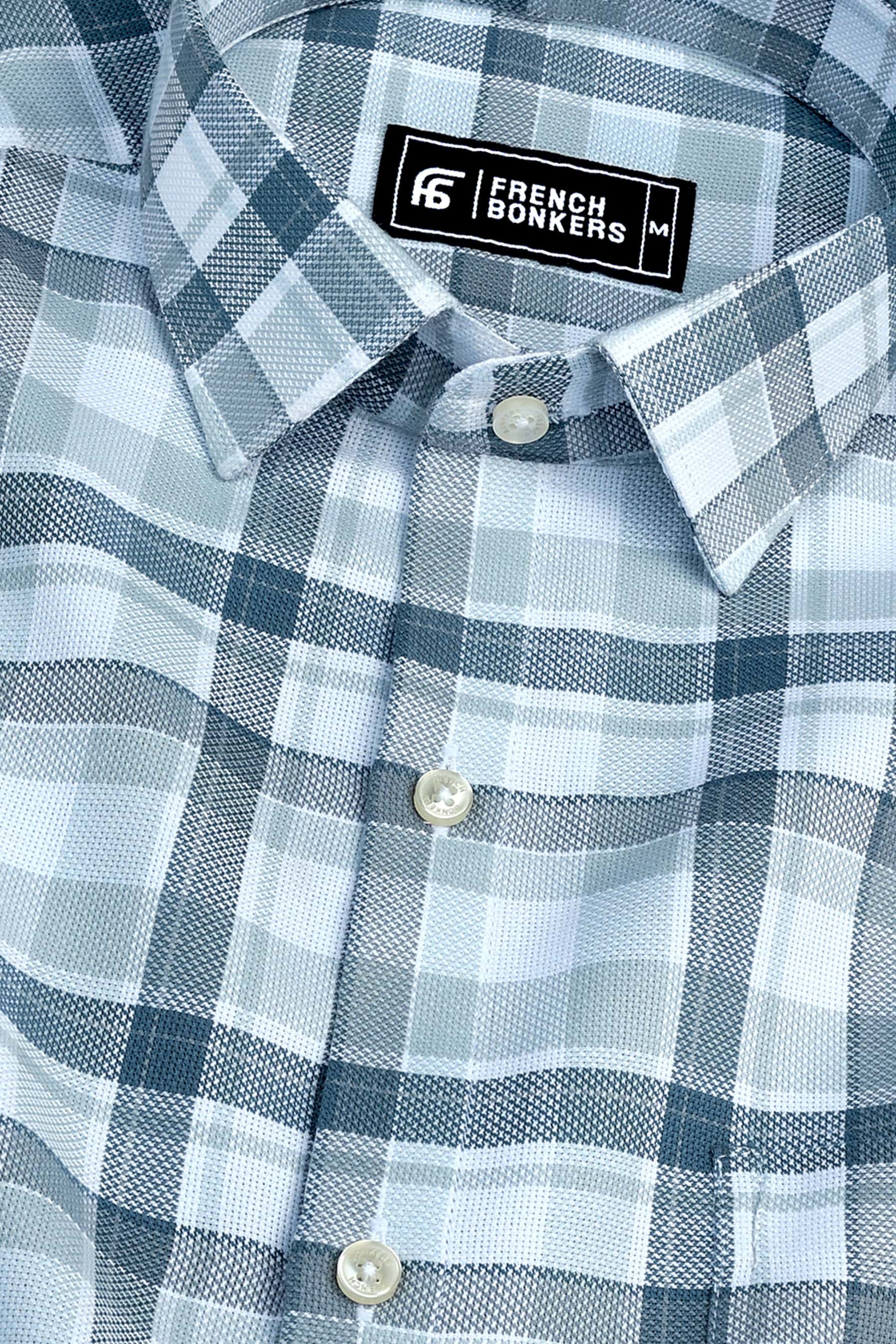 Slate grey with white windowpane check shirt
