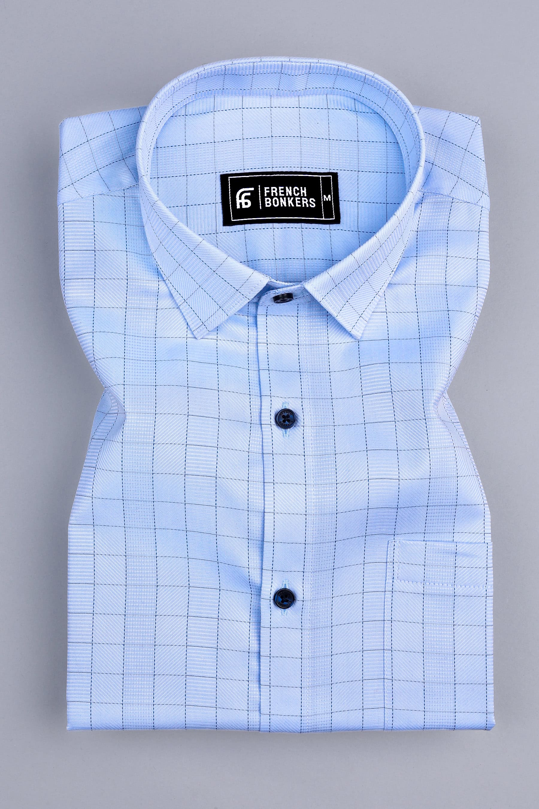 Sky blue with dark blue arglye check shirt