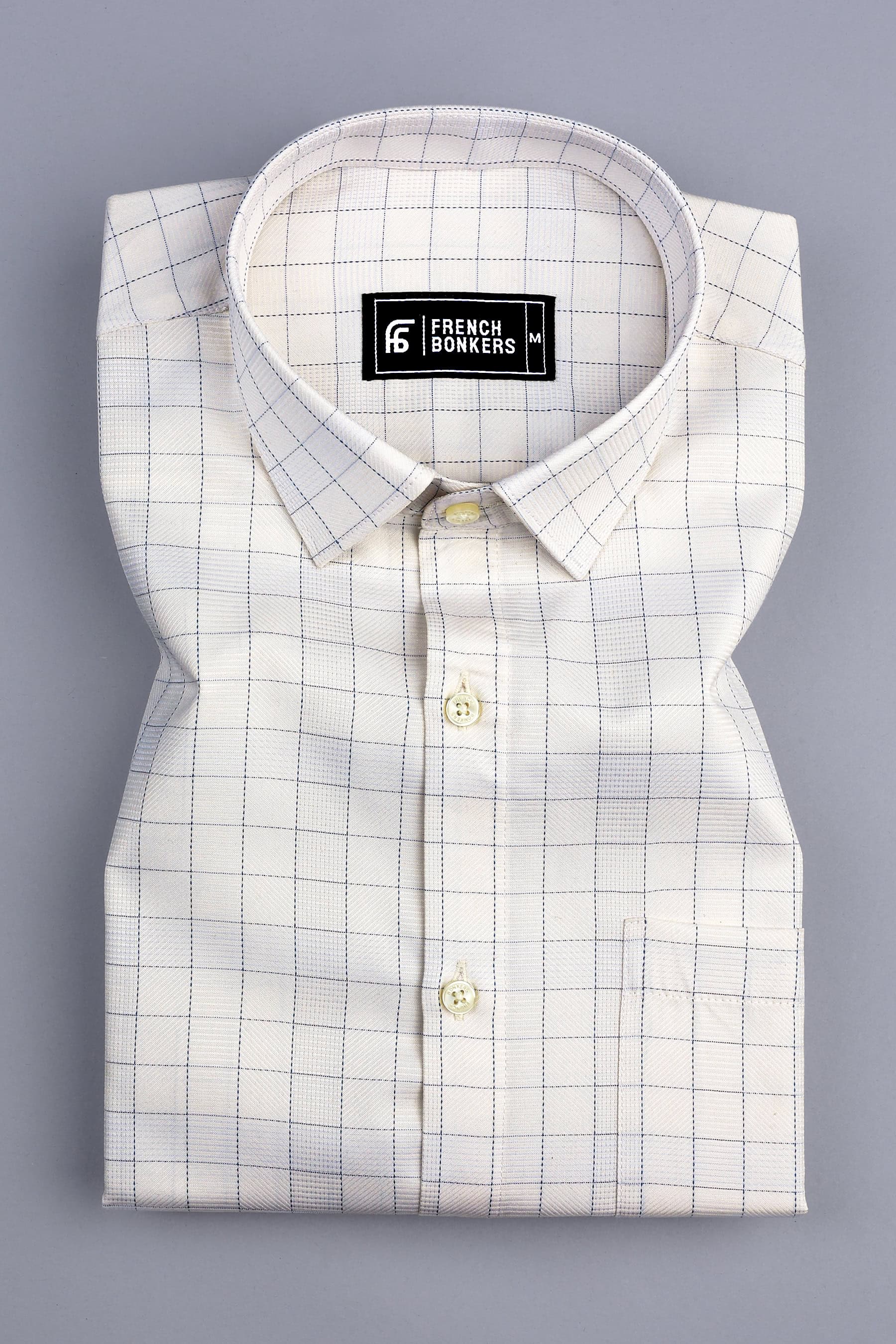 Light brown with dark blue arglye check shirt