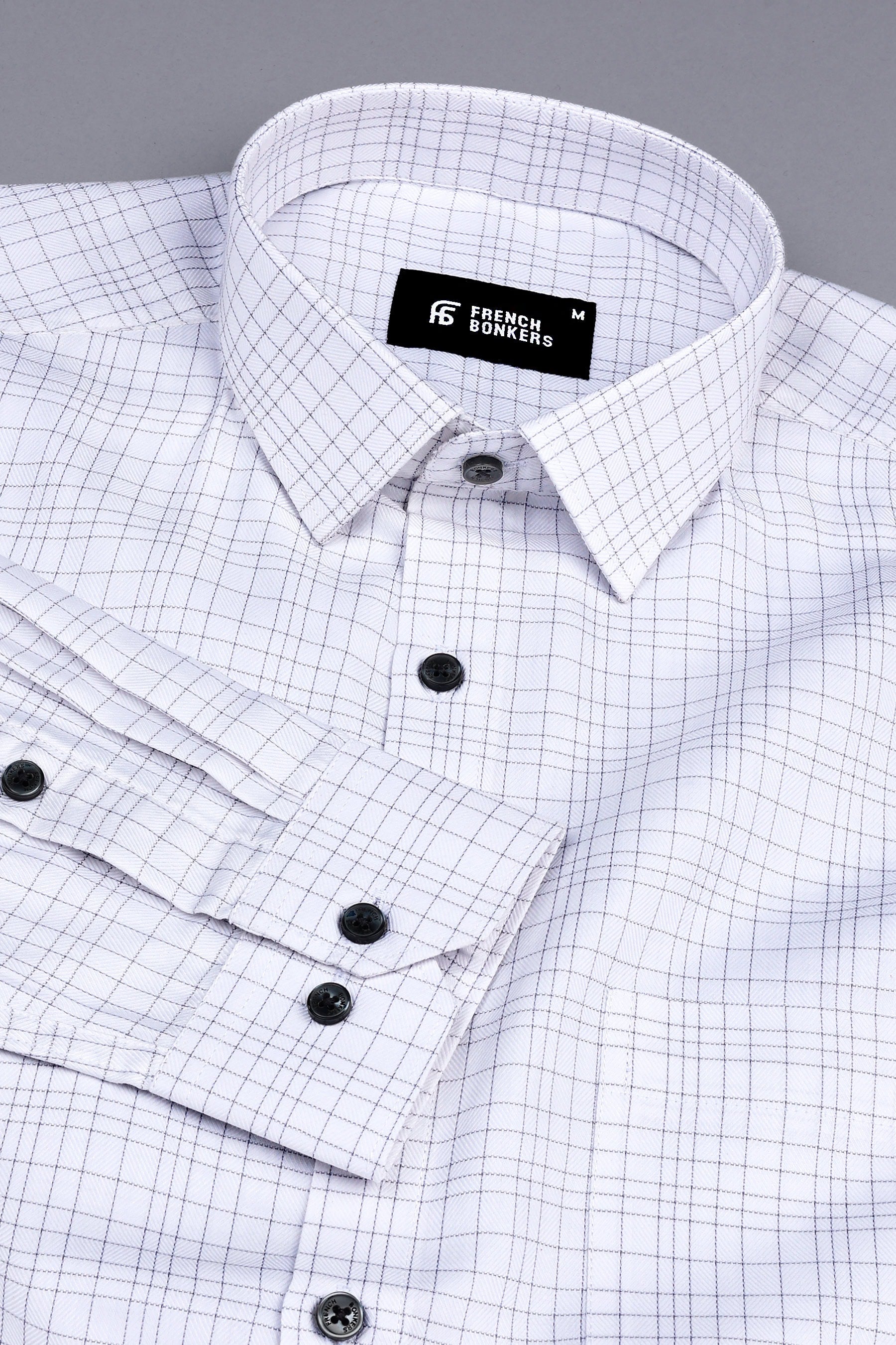 White with light grey line check shirt