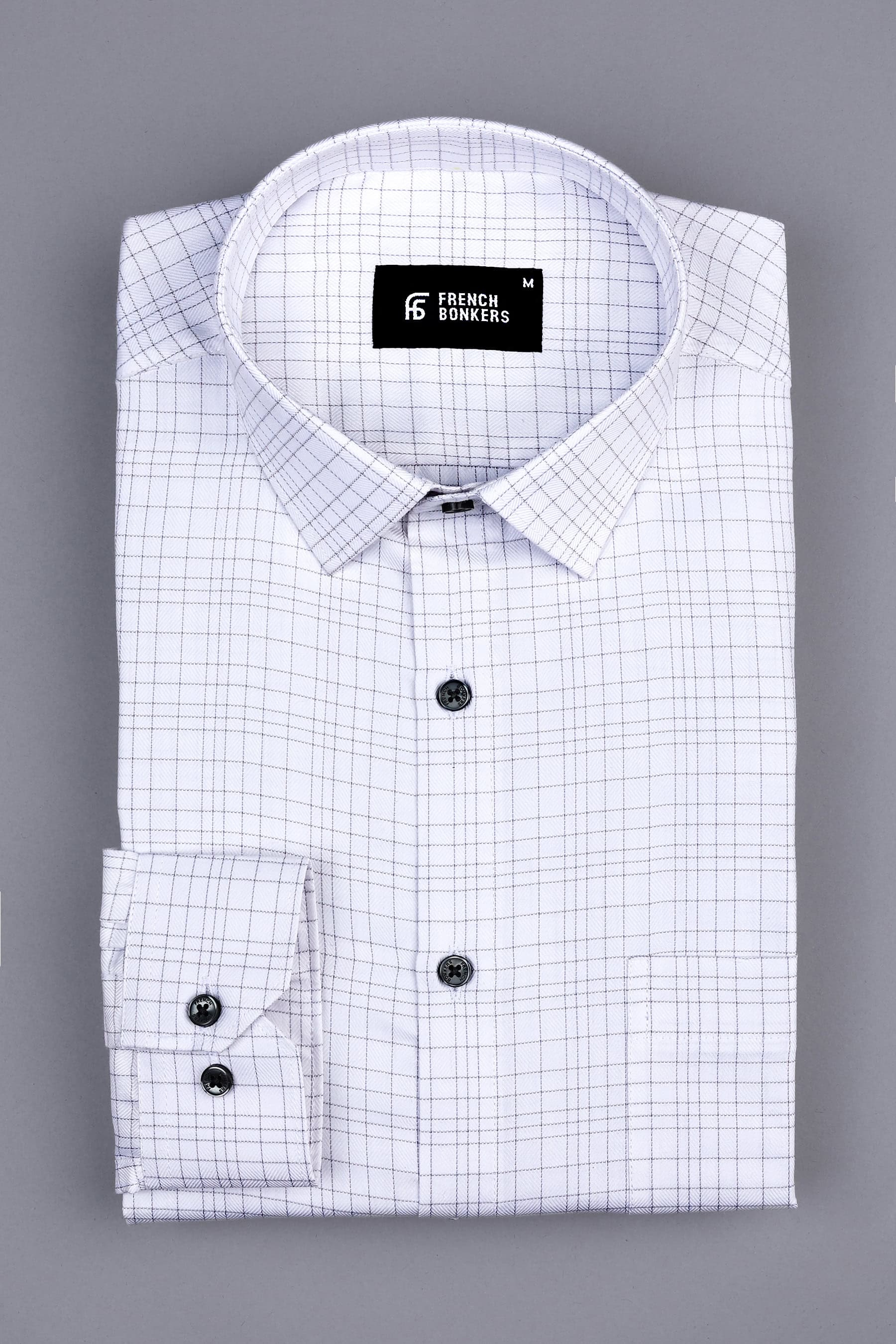 White with light grey line check shirt