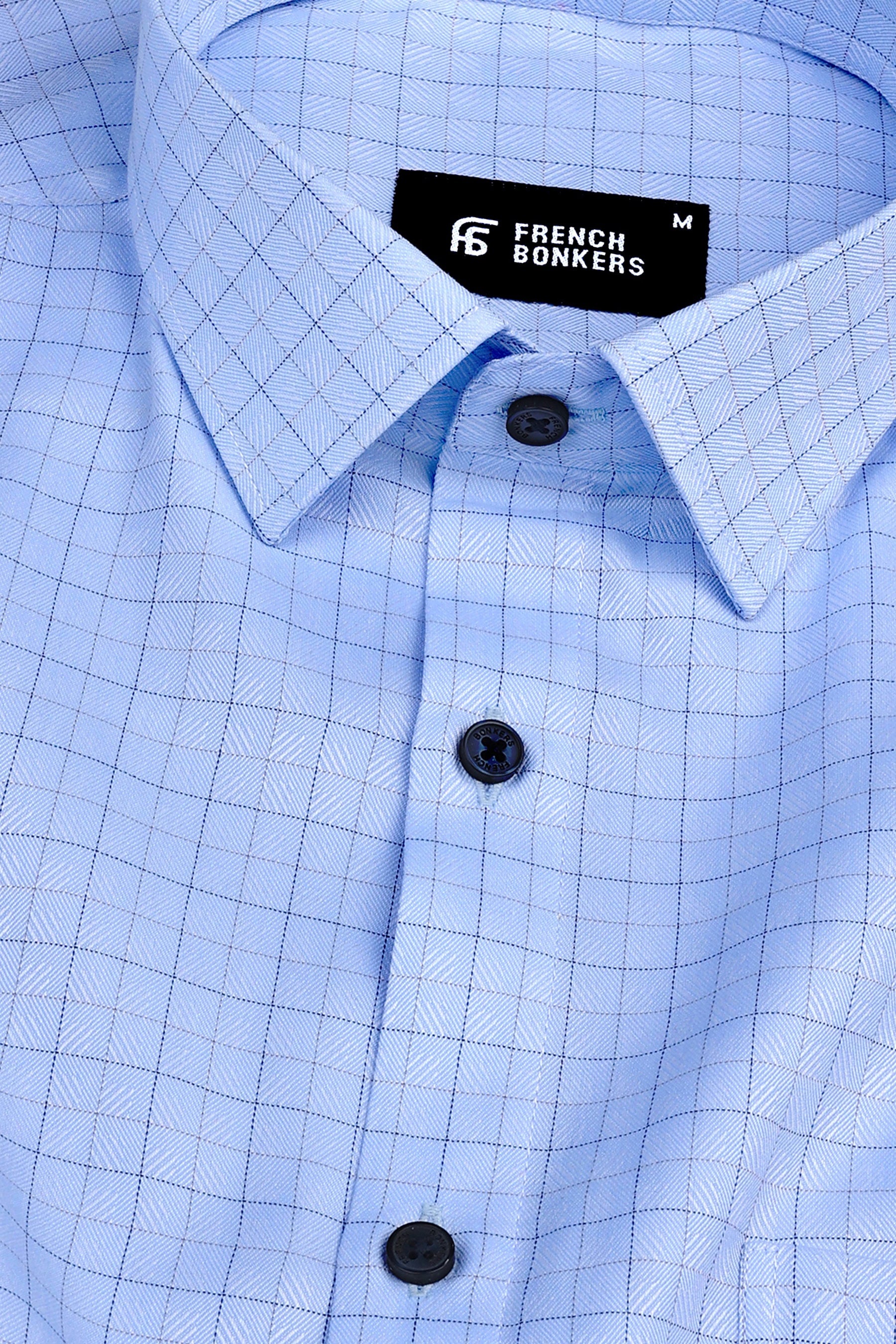 Light blue with grey and dark blue Line check shirt