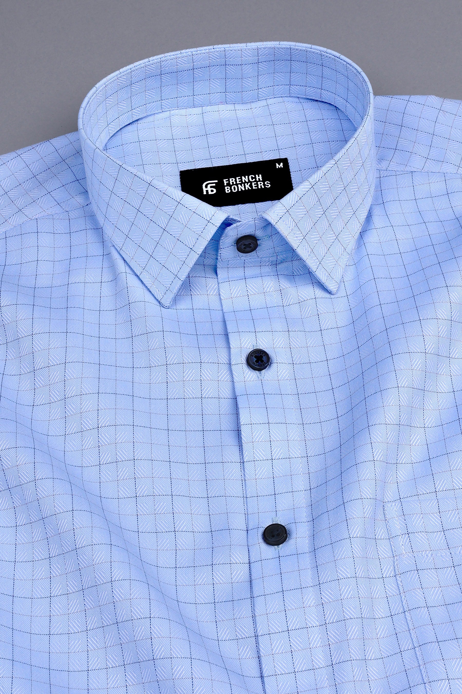 Light blue with grey and dark blue Line check shirt