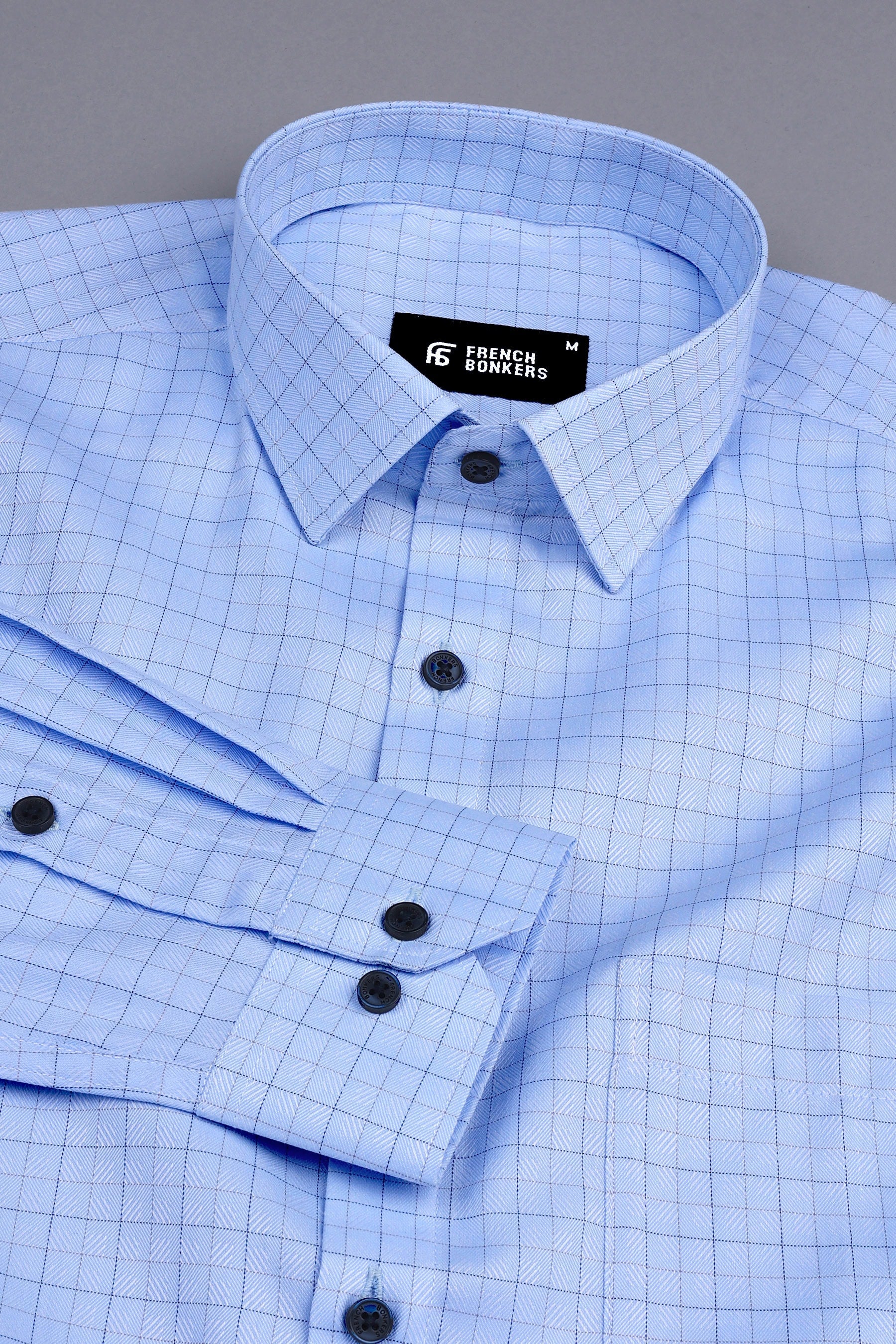 Light blue with grey and dark blue Line check shirt