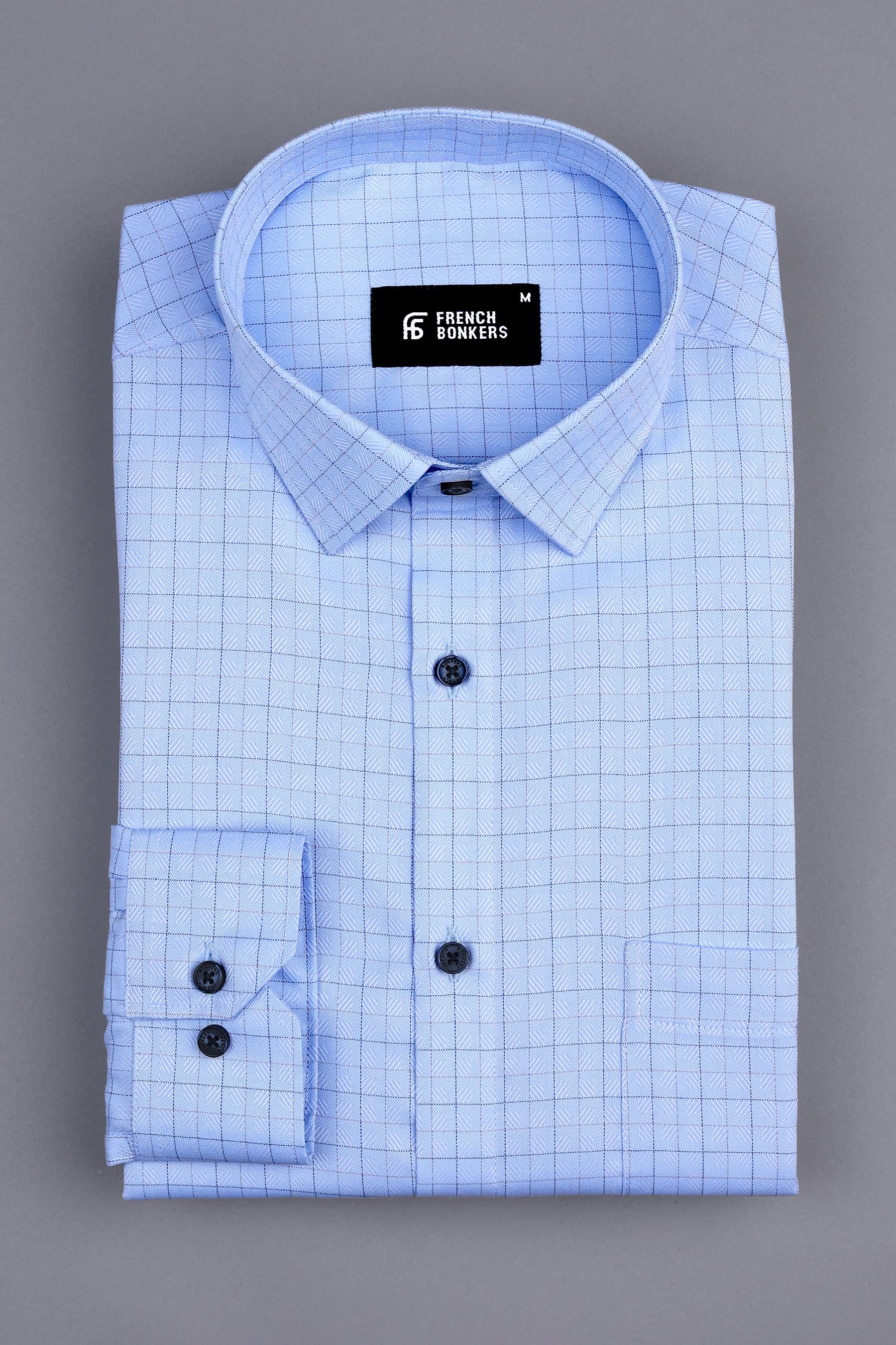 Light blue with grey and dark blue Line check shirt