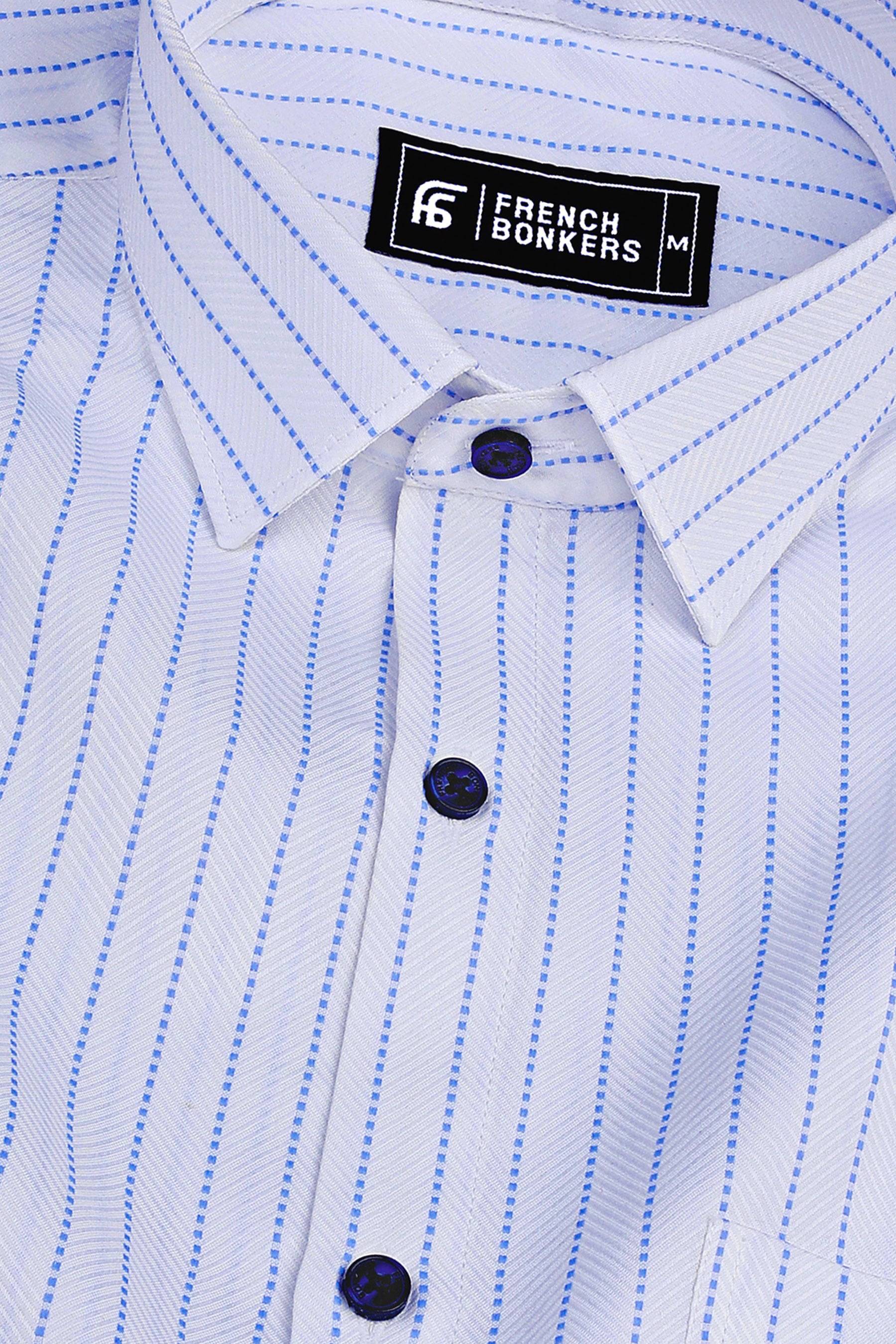 White with royal blue square dot line stripe shirt
