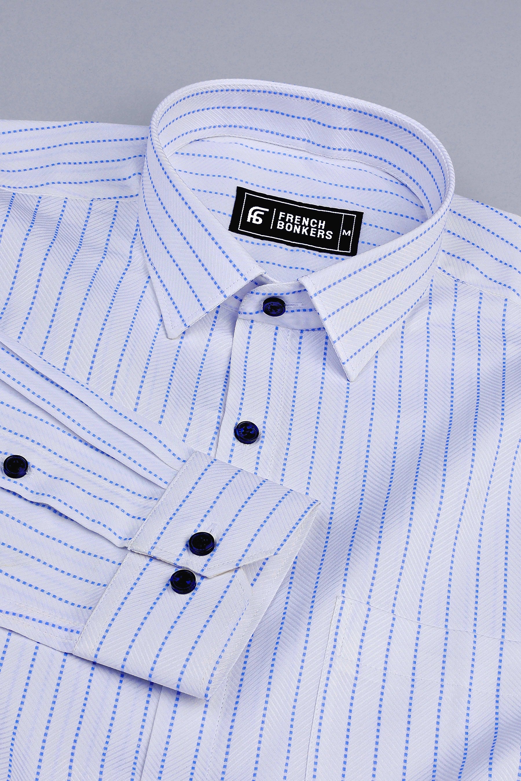 White with royal blue square dot line stripe shirt