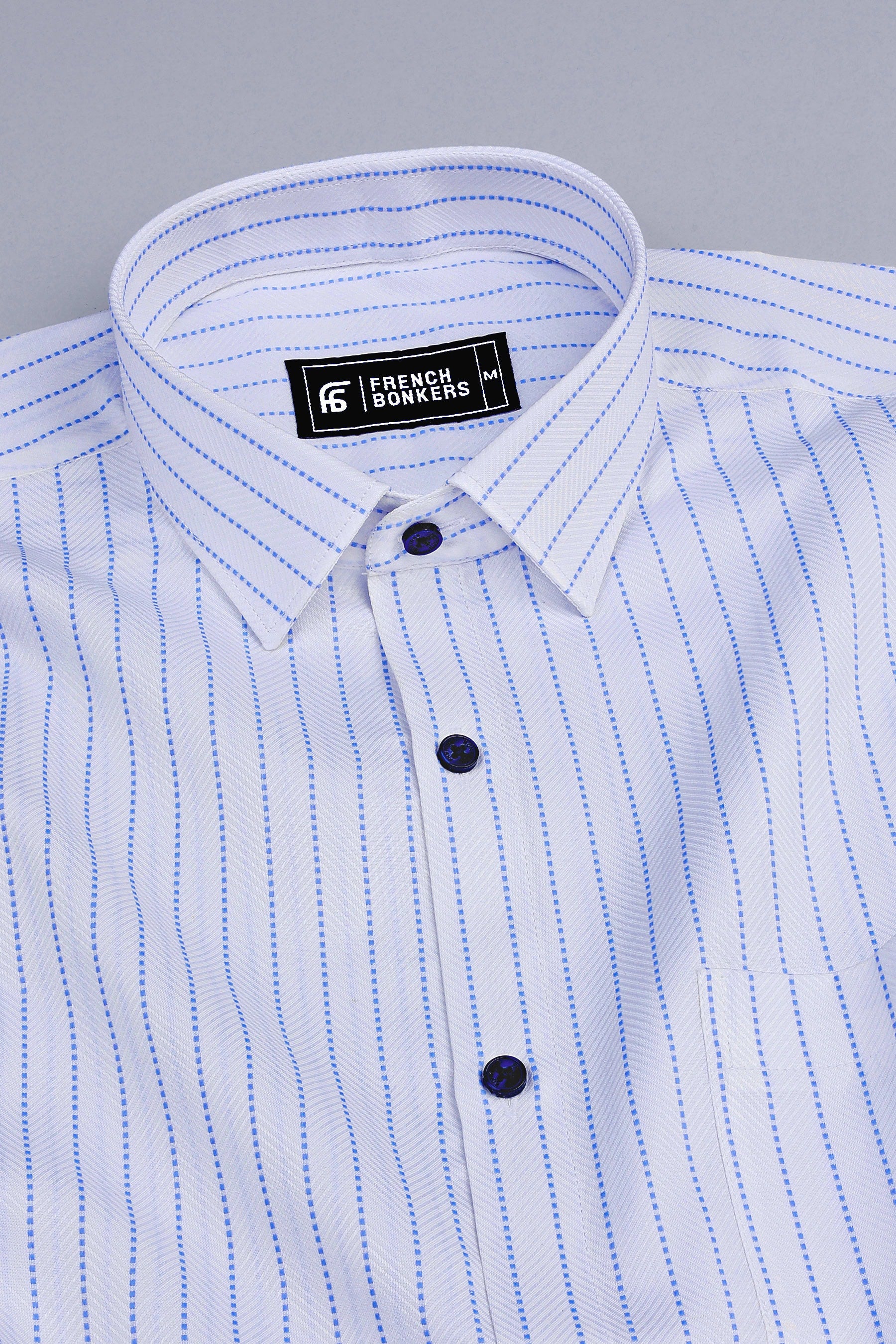 White with royal blue square dot line stripe shirt