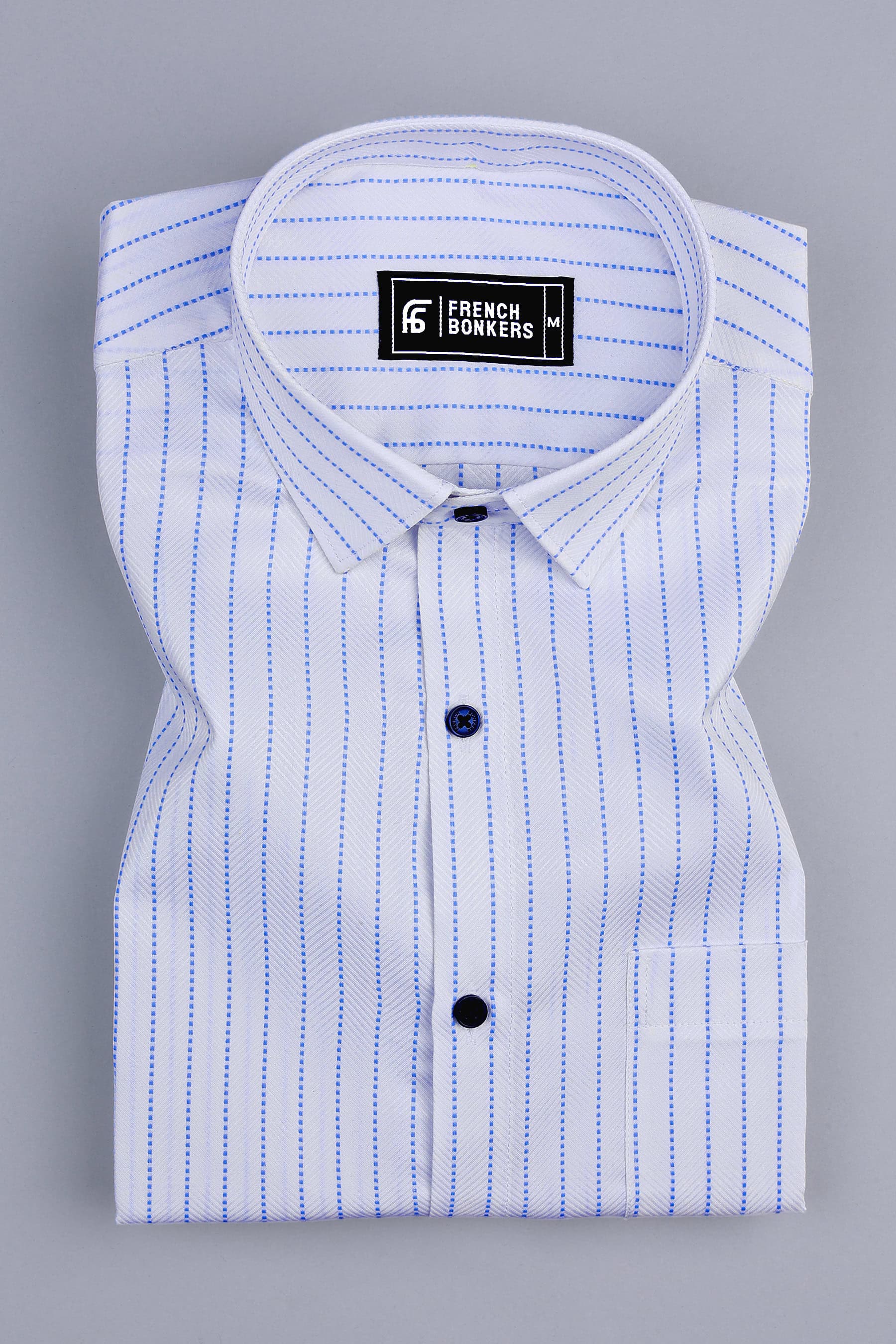 White with royal blue square dot line stripe shirt