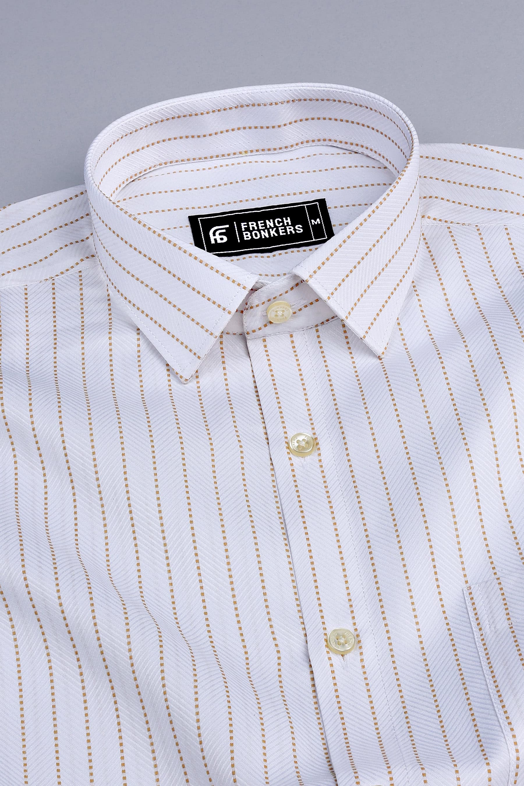 White with light brown dot line stripe shirt